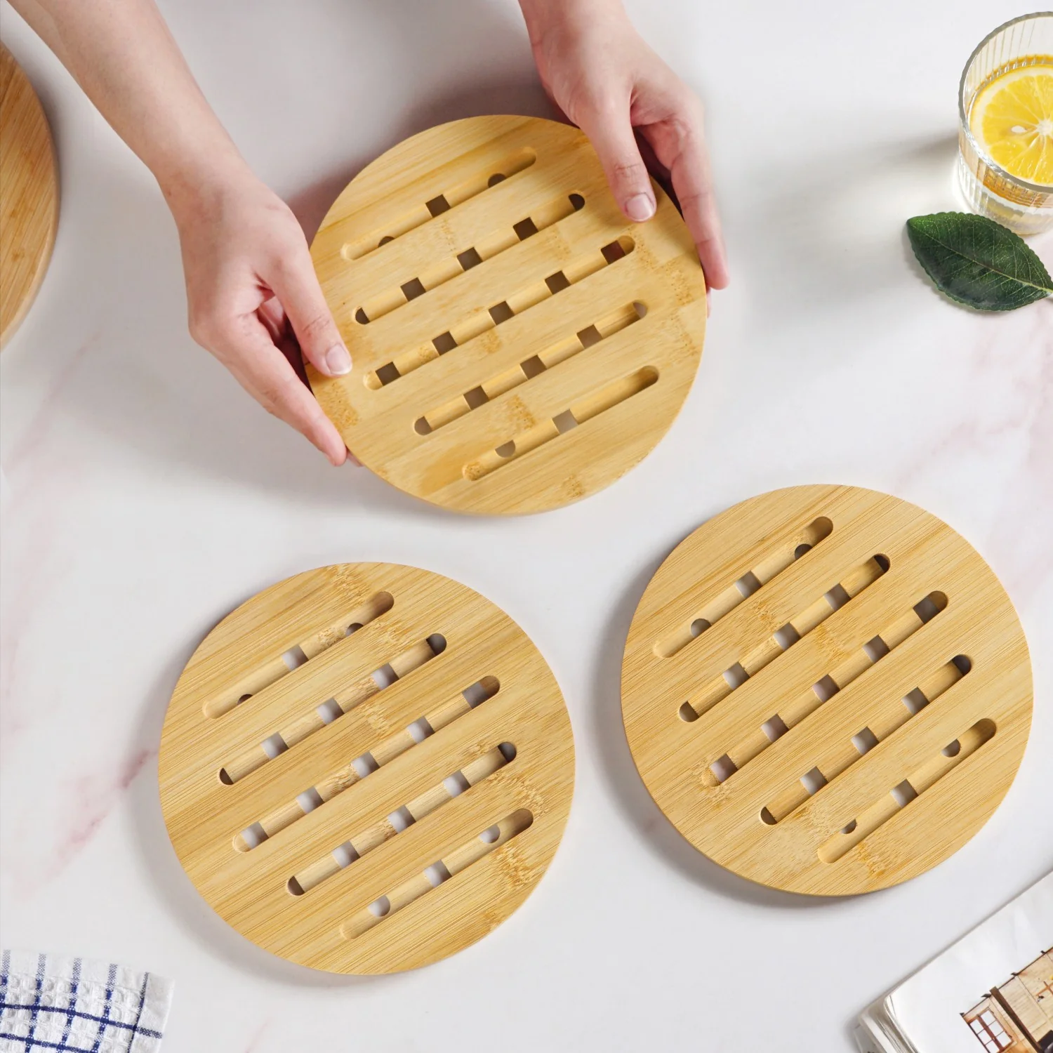 Set Of 3 Round Bamboo Wood Trivet - Image 2