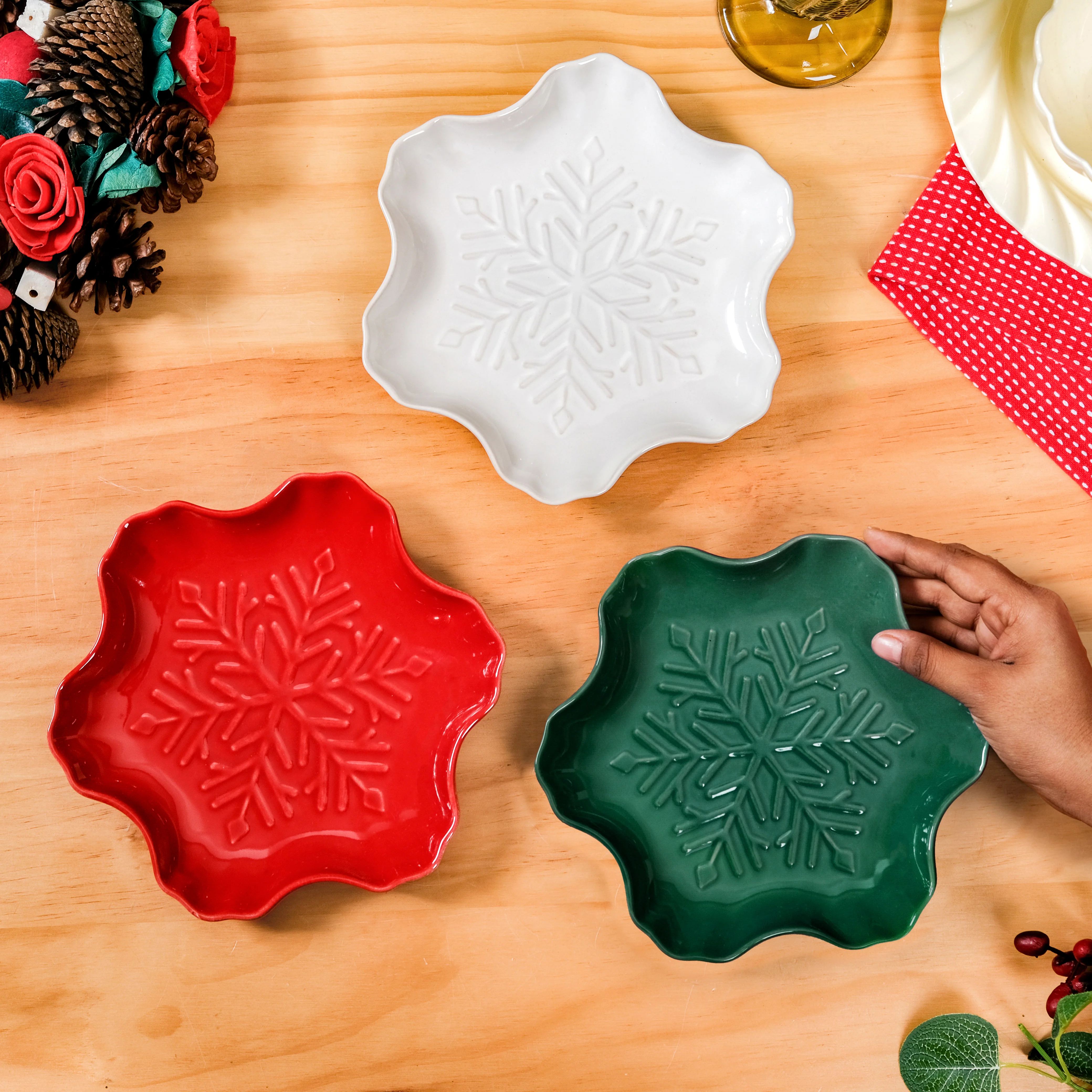 Set Of 3 Snowflake Ceramic Snack Plates - Image 2