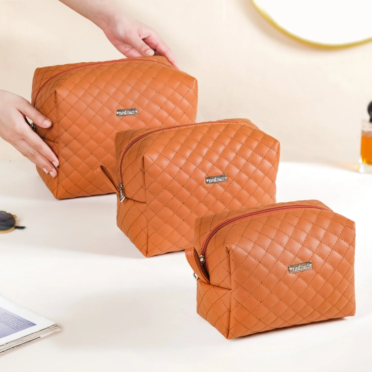 Set Of 3 Water Resistant Makeup Pouches Tan - Image 2