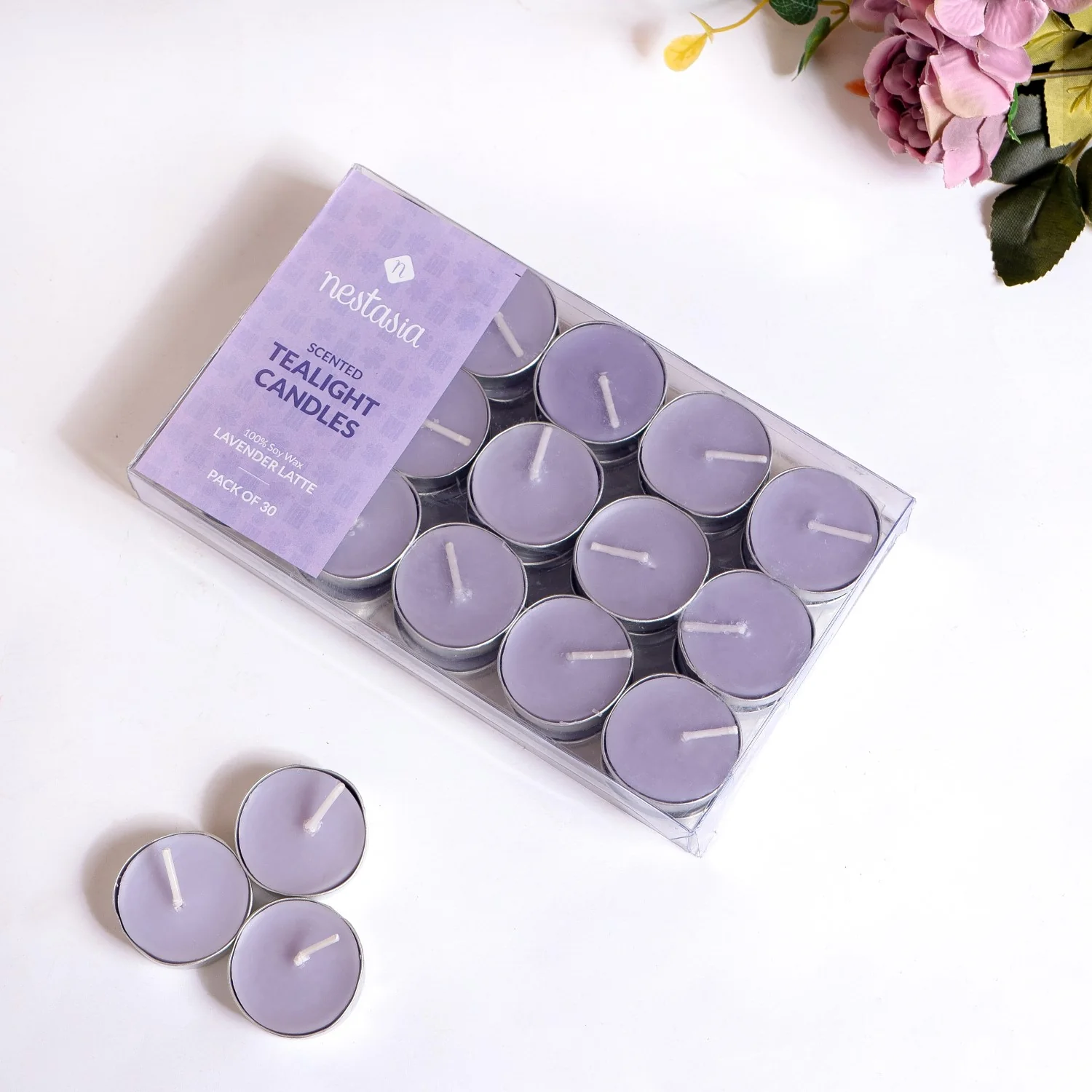 Set Of 30 Lavender Latte Scented Tealights For Home Decor - Image 2