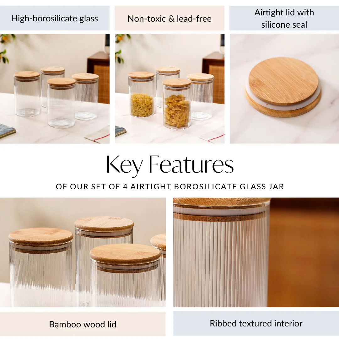 Set Of 4 Airtight Borosilicate Glass Jar With Fluted Design 1100ml - Image 5