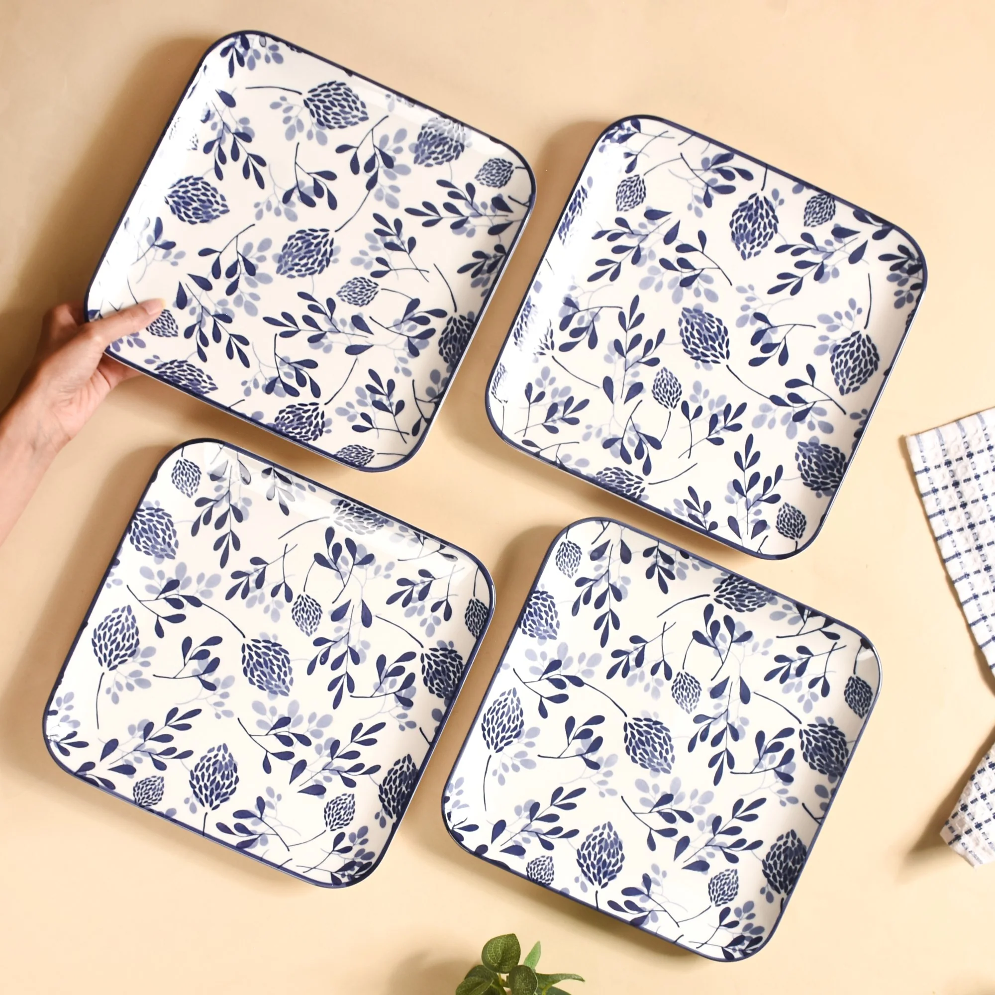 Set Of 4 Blue Ceramic Square Dinner Plates 9x9 Inch - Image 2