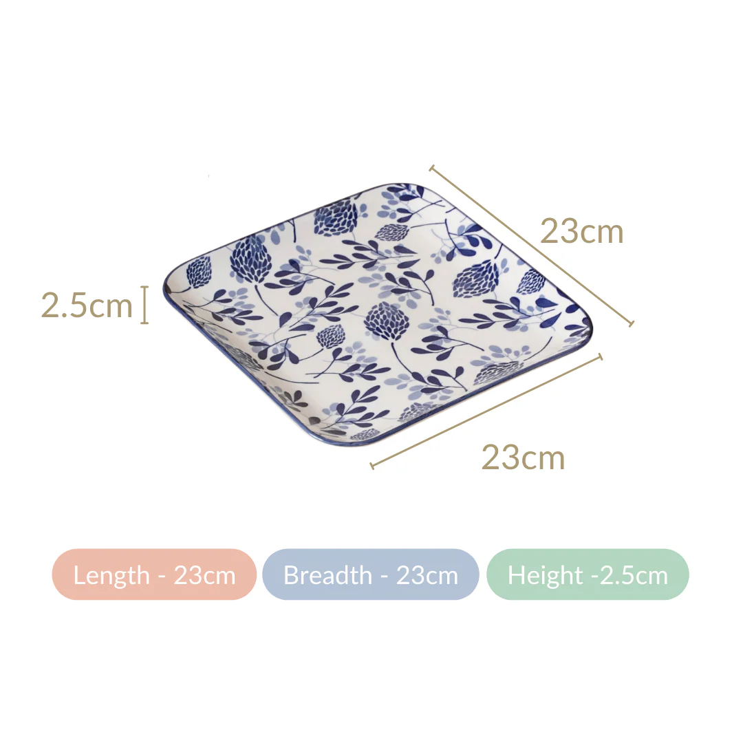 Set Of 4 Blue Ceramic Square Dinner Plates 9x9 Inch - Image 4