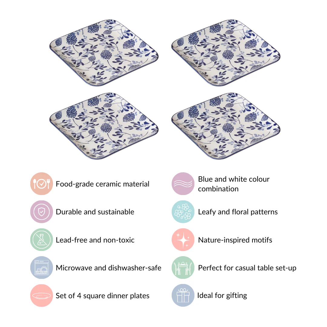Set Of 4 Blue Ceramic Square Dinner Plates 9x9 Inch - Image 5