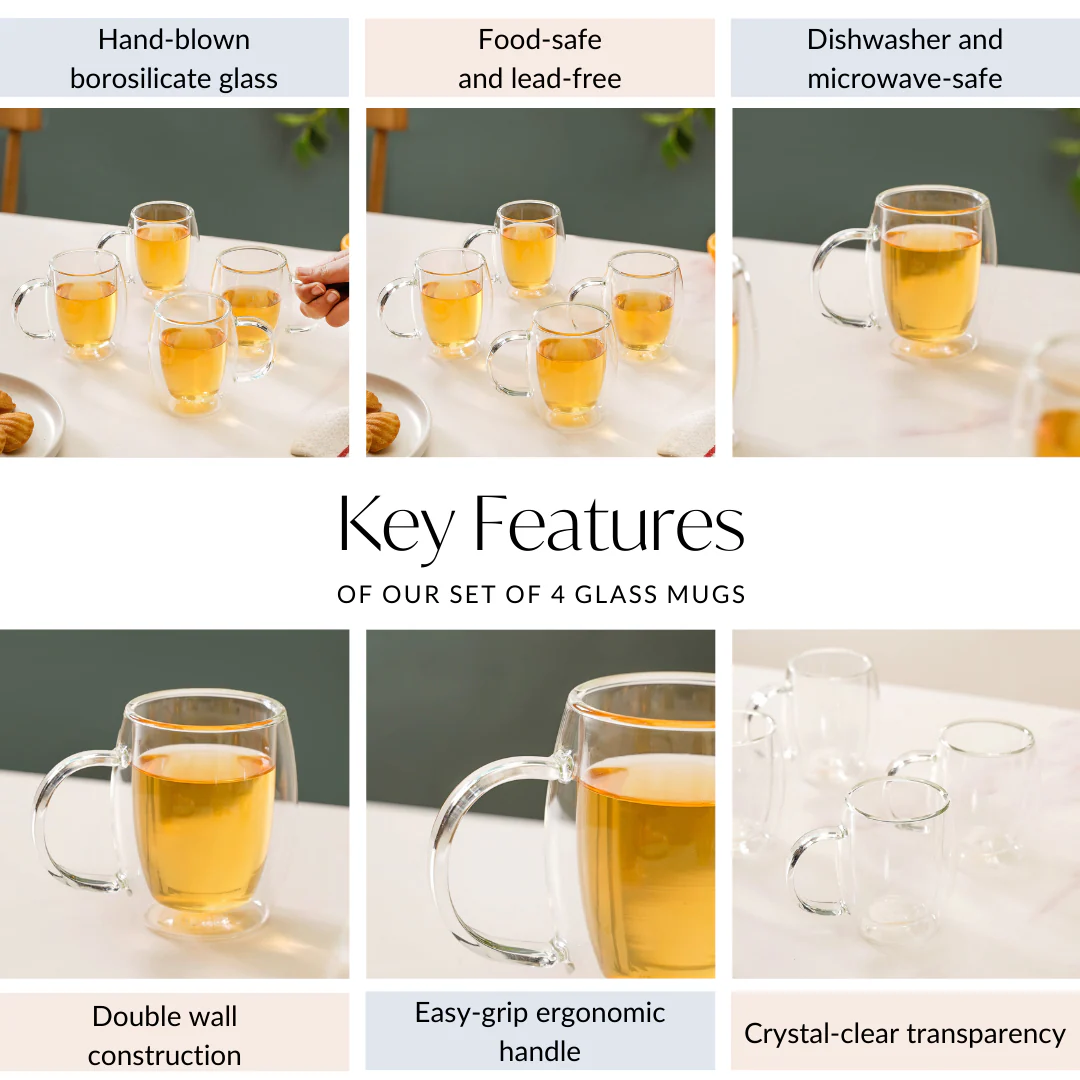 Set Of 4 Double Wall Glass Mugs 175ml - Image 5