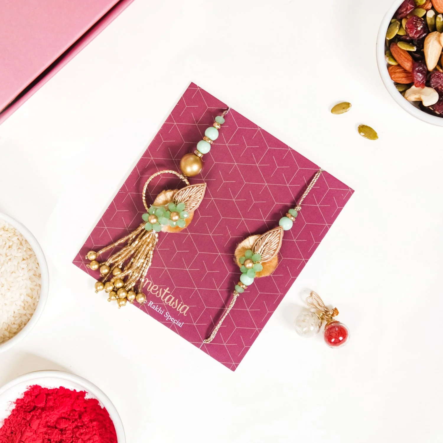 Set Of 4 Floral Love Rakhi Lumba For Bhaiya Bhabhi With Box And Card - Image 3