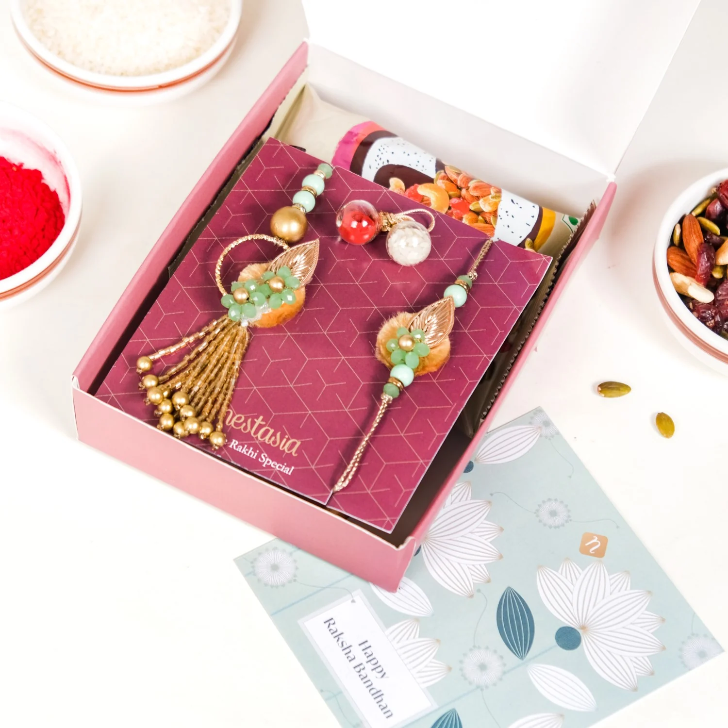 Set Of 4 Floral Love Rakhi Lumba For Bhaiya Bhabhi With Box And Card - Image 4