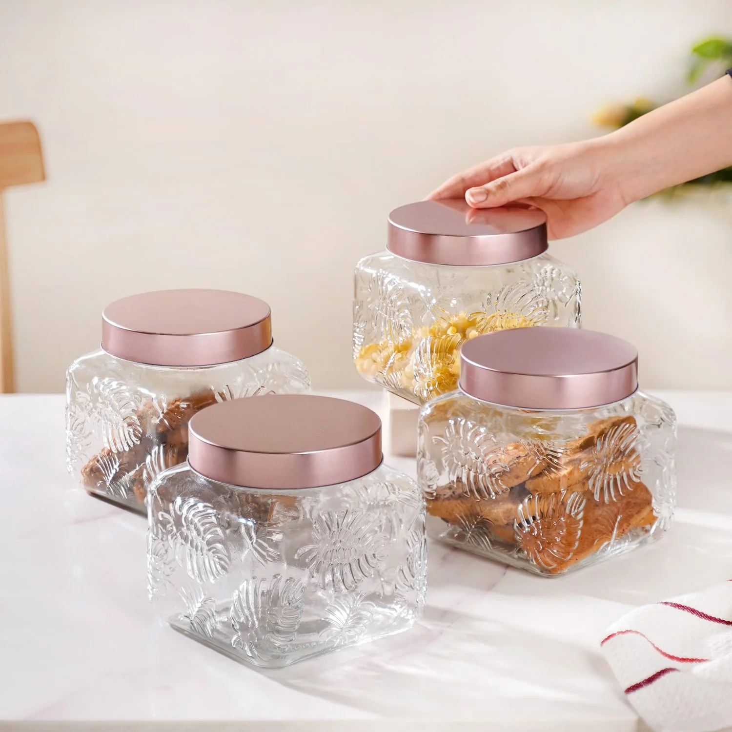 Set Of 4 Monstera Leaf Glass Jar With Rose Gold Lid 1500ml - Image 2