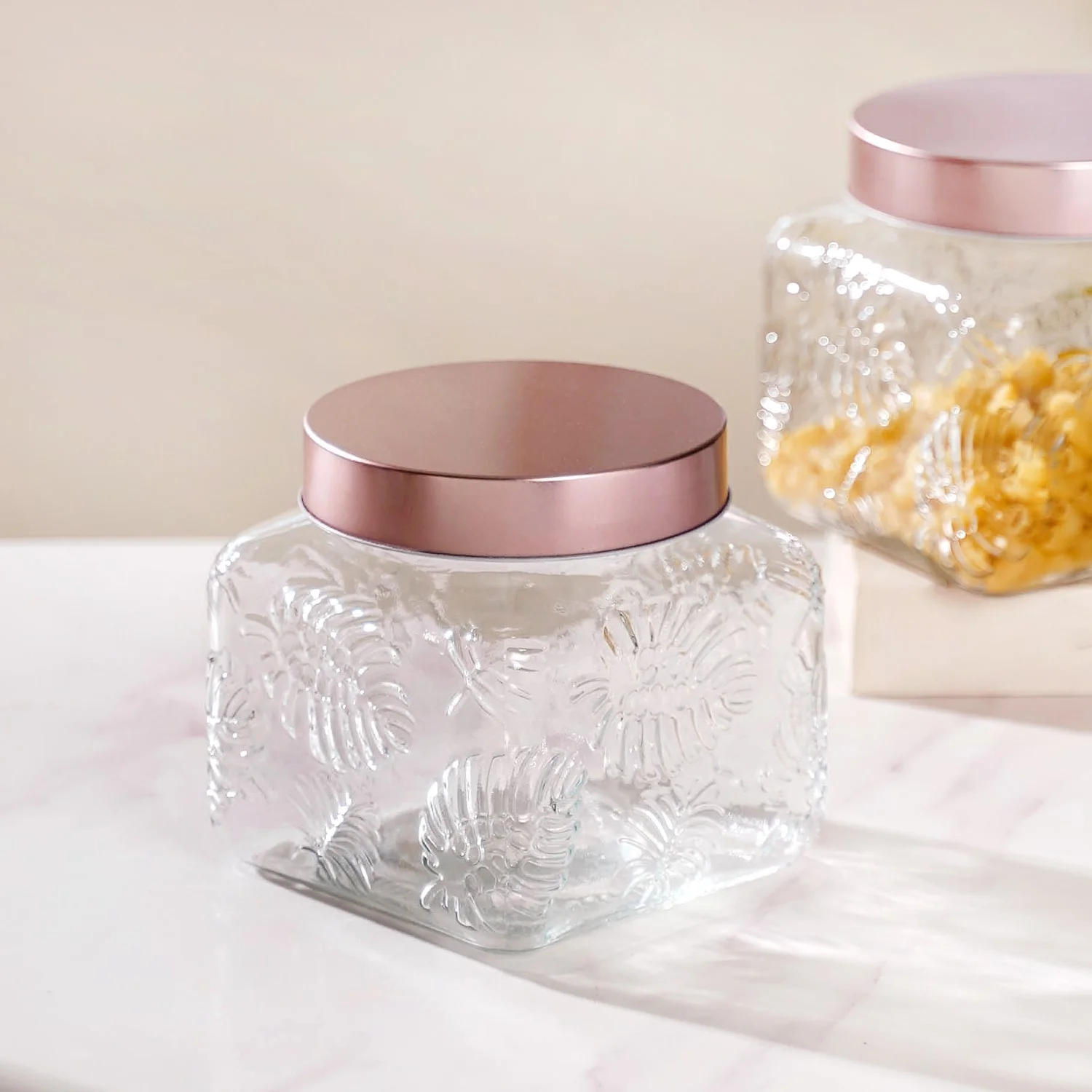 Set Of 4 Monstera Leaf Glass Jar With Rose Gold Lid 1500ml - Image 7