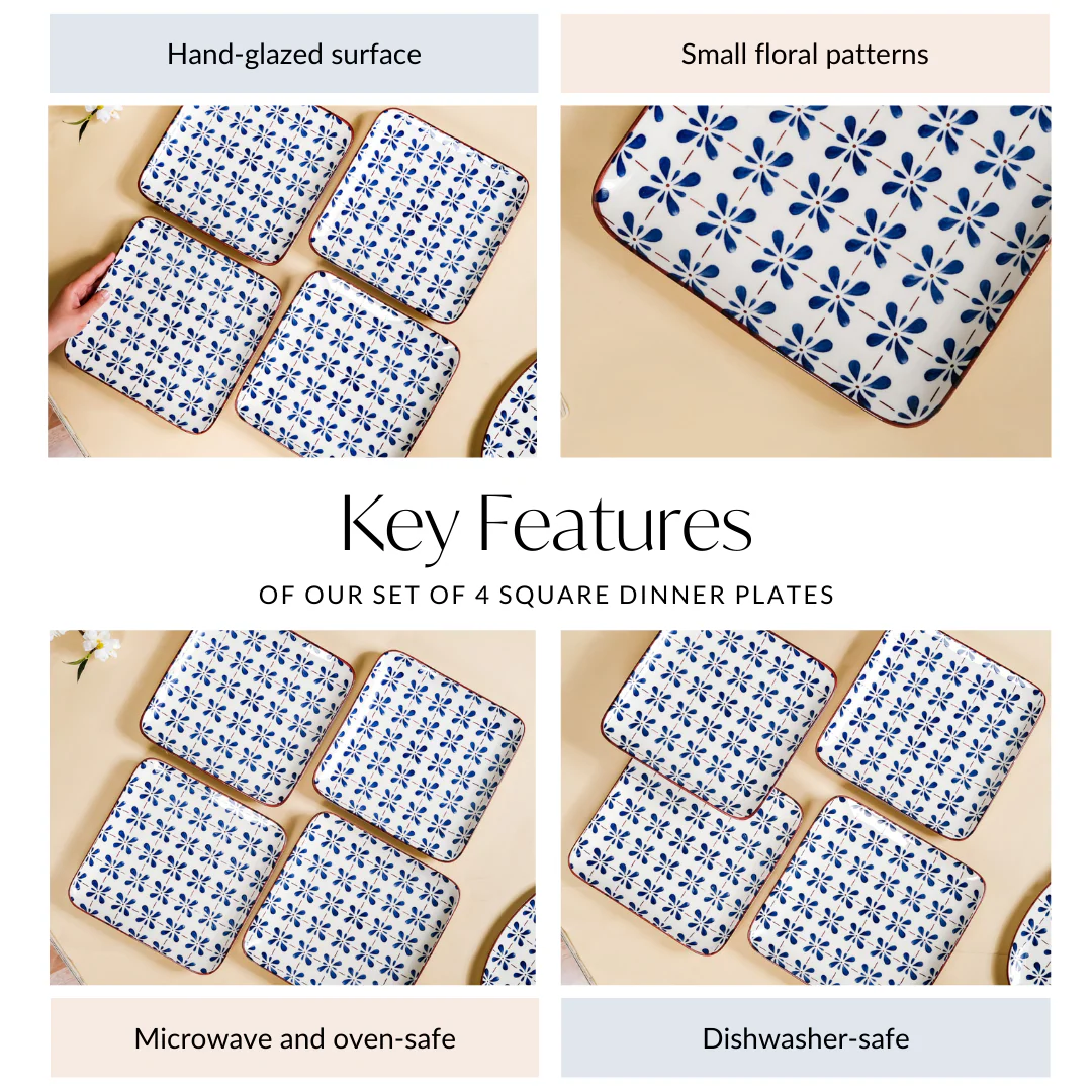 Set Of 4 Square Dinner Plates Blue Flower Design 9 Inch - Image 5