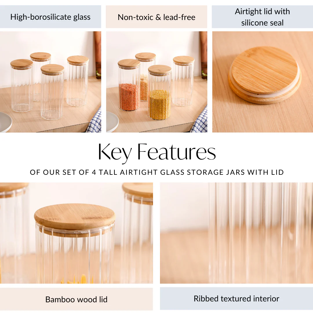 Set Of 4 Tall Airtight Glass Storage Jars With Lid 1450ml - Image 5