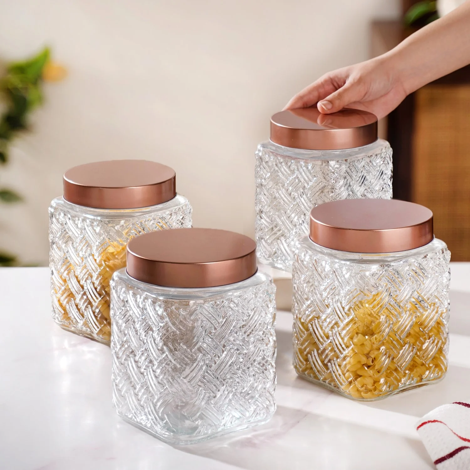 Set Of 4 Textured Glass Jars With Basket Weave 1600ml - Image 2