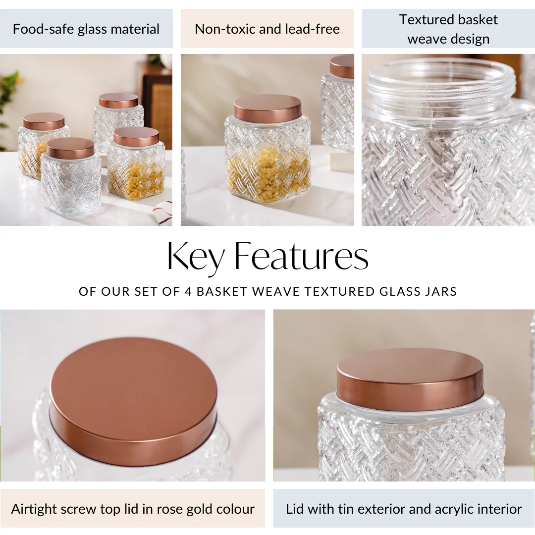 Set Of 4 Textured Glass Jars With Basket Weave 1600ml - Image 4