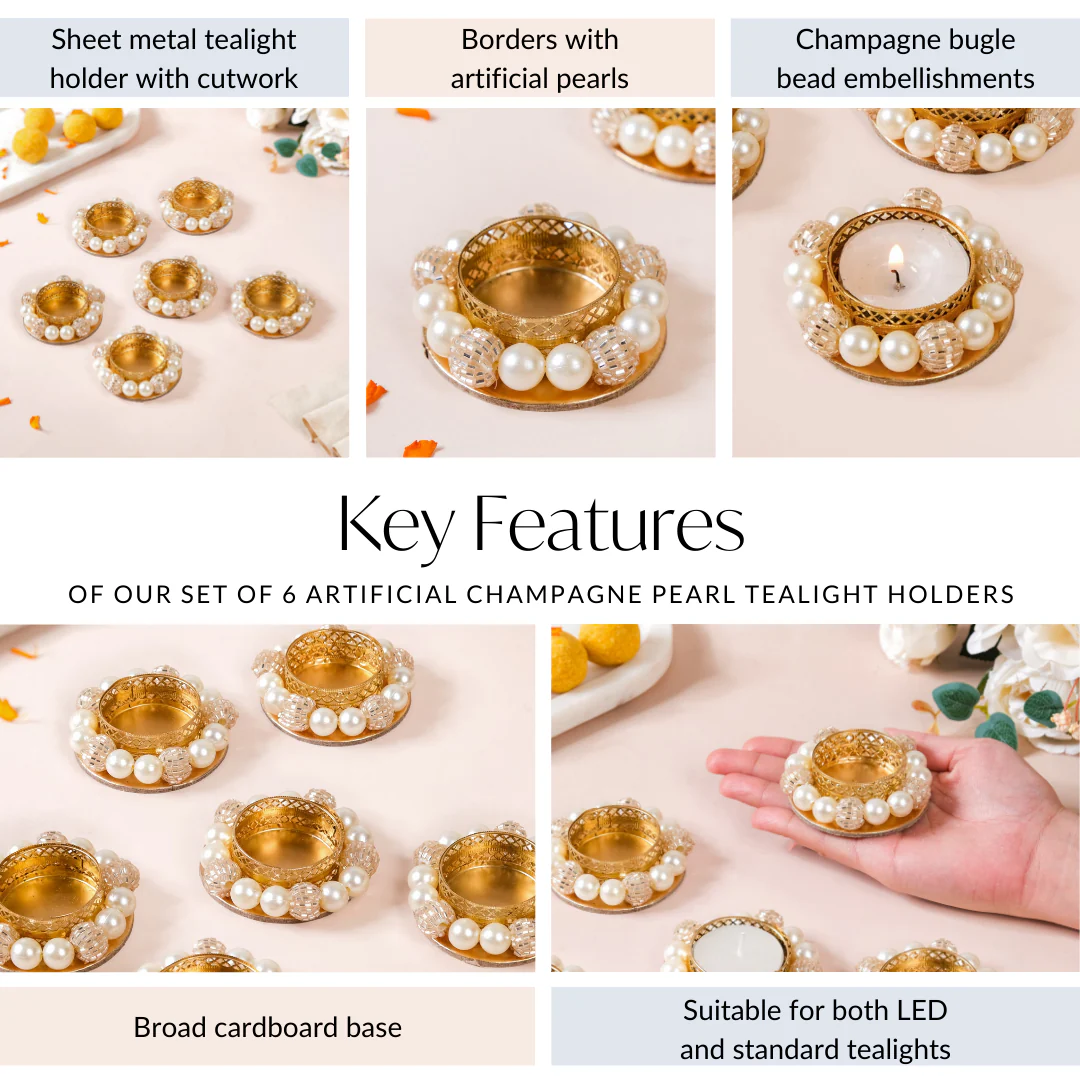 Set Of 6 Artificial Champagne Pearl Tealight Holders - Image 5
