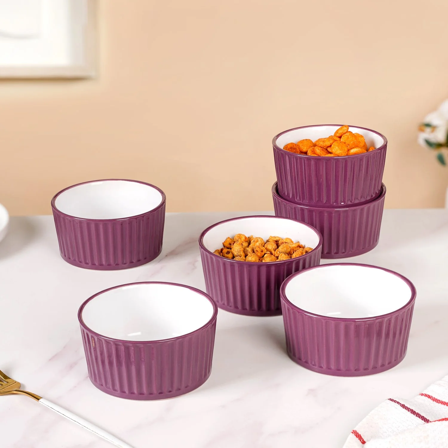 Set of 6 Ceramic Cresta Snack Bowl Purple 400ml - Image 3