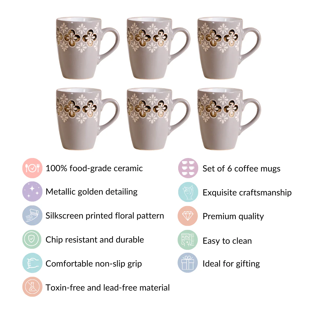 Set Of 6 Floral Patterned Coffee Mug Grey 350ml - Image 5