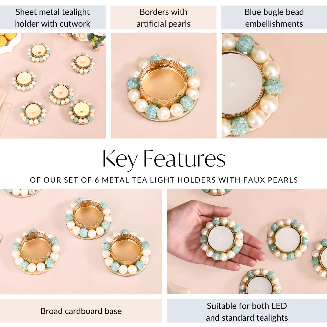 Set Of 6 Metal Tea Light Holders With Faux Pearls - Image 5