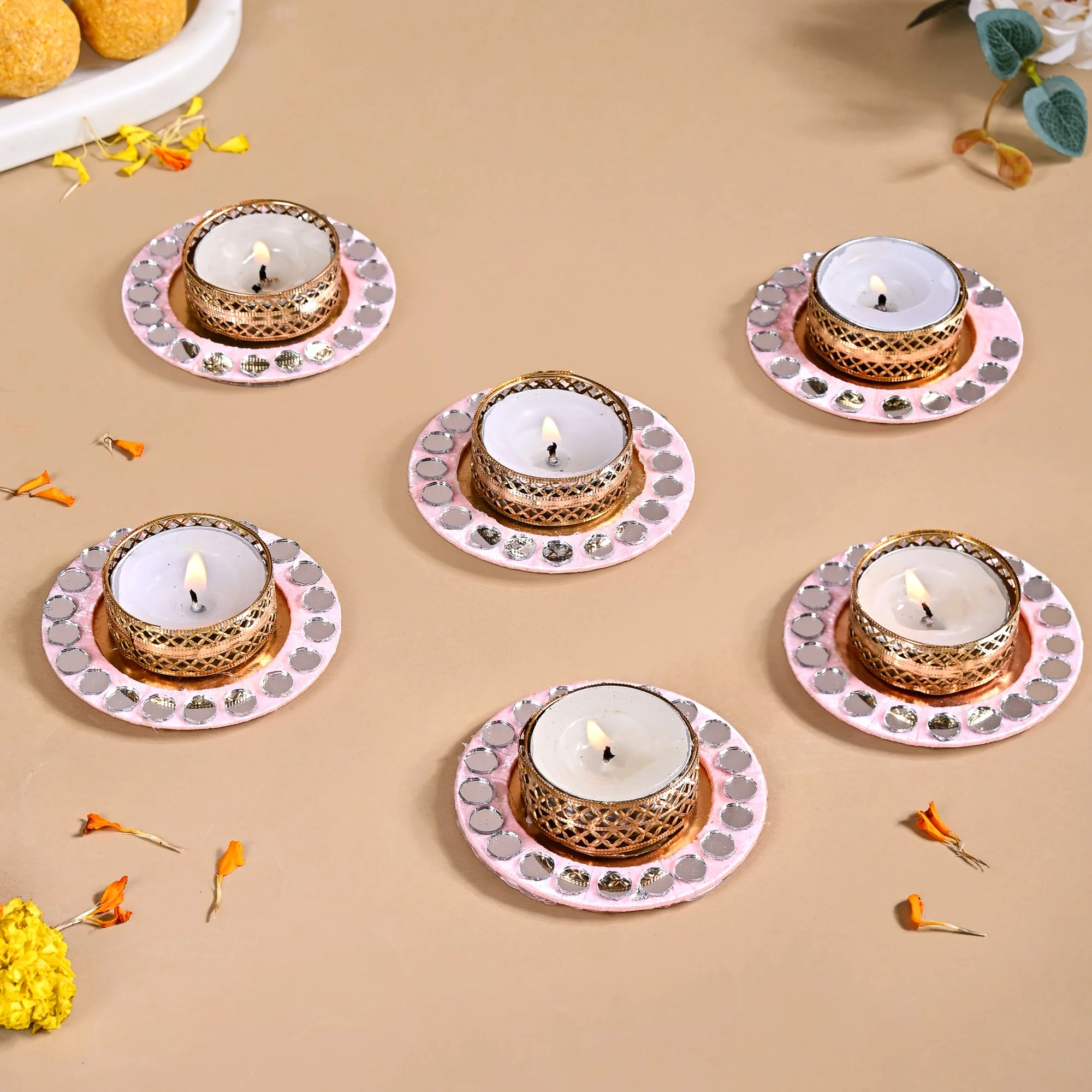 Set Of 6 Mirror Embellished Pink Tea Light Holders - Image 3