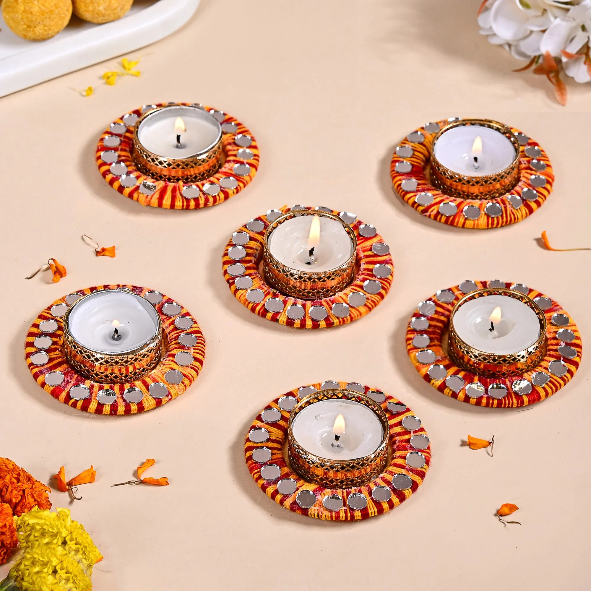 Set Of 6 Multicolour Threadwork Tealight Holders With Mirrorwork - Image 3