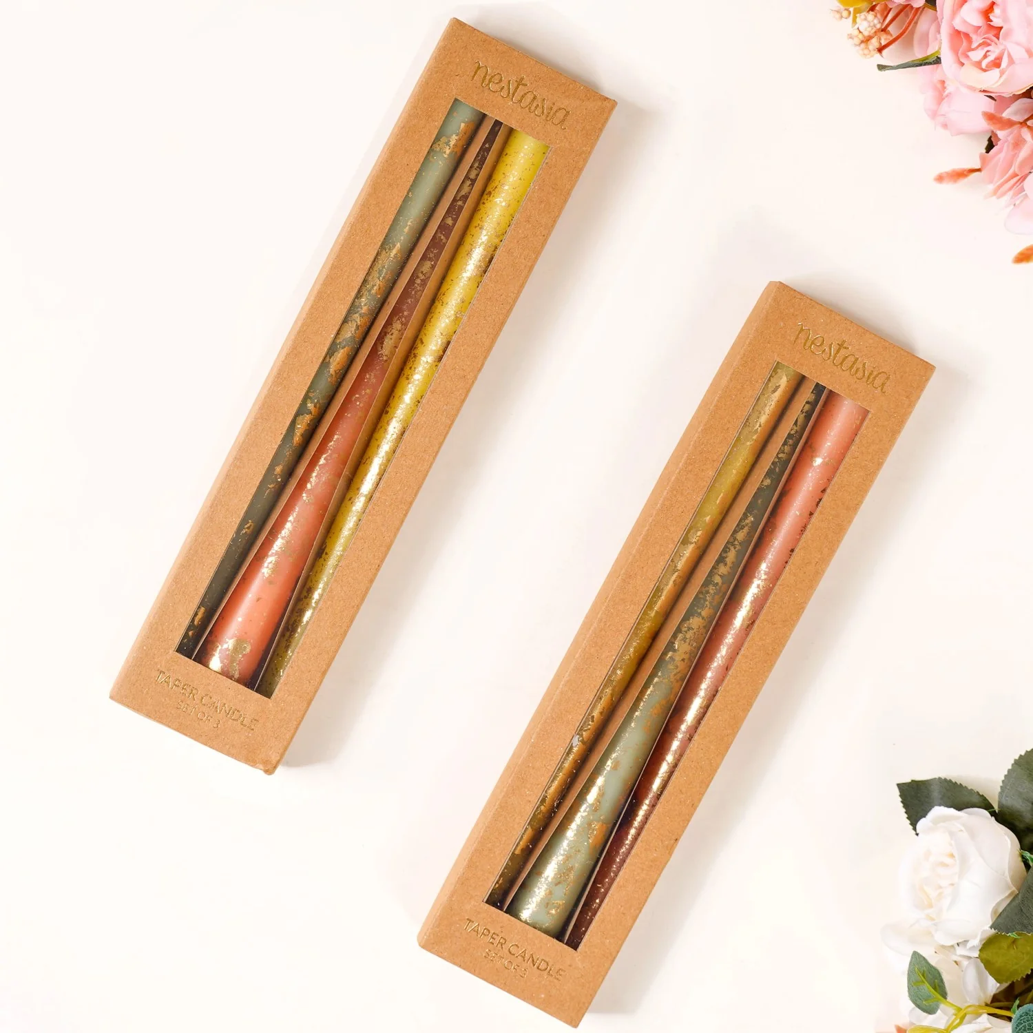 Set Of 6 Taper Candles With Gold Detailing Assorted Colours - Image 6