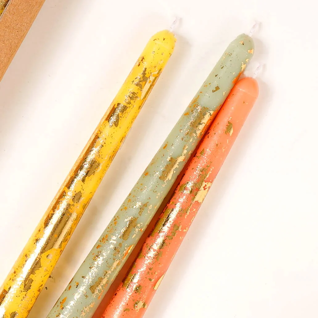 Set Of 6 Taper Candles With Gold Detailing Assorted Colours - Image 7
