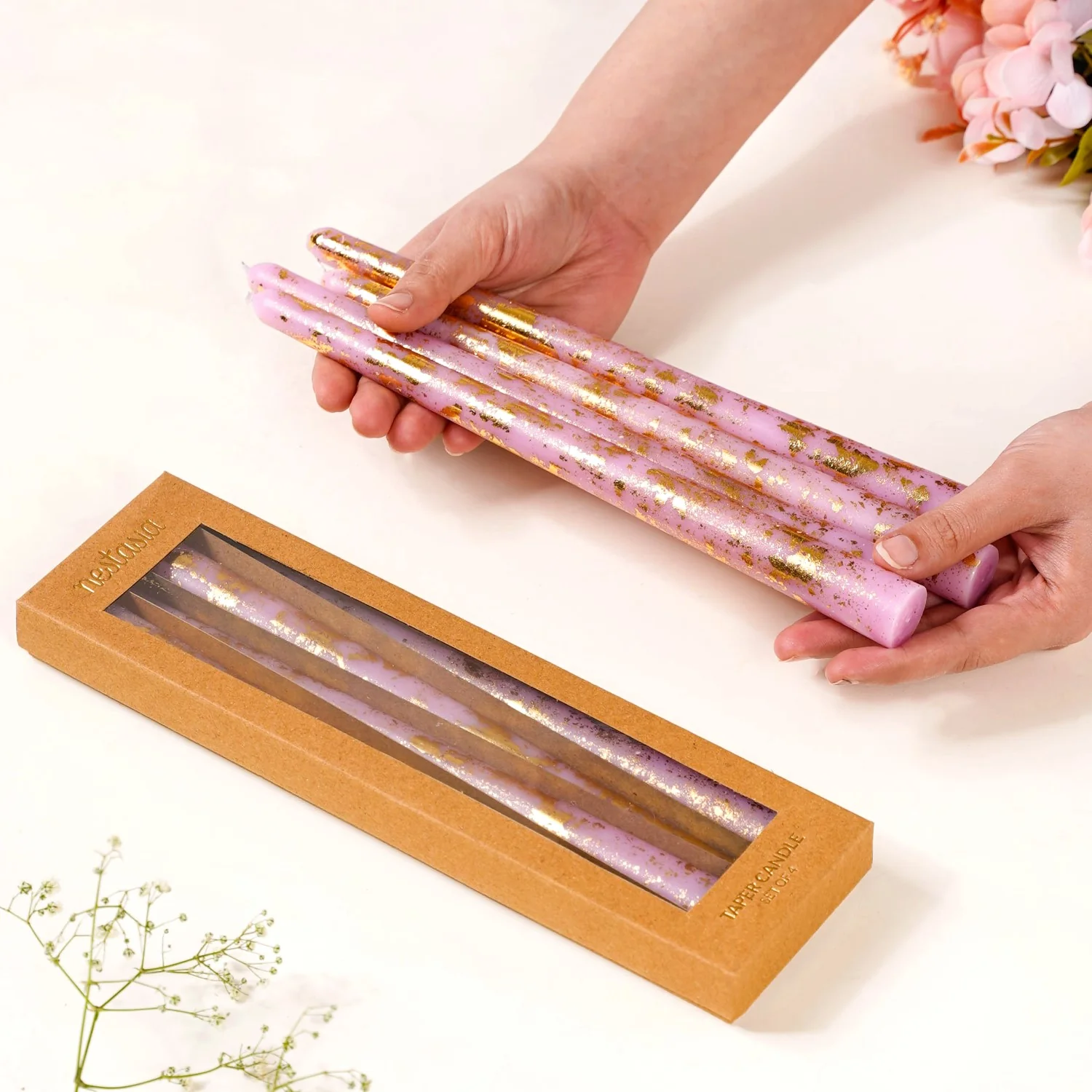 Set Of 8 Taper Candle With Gold Foil Design Lavender - Image 3