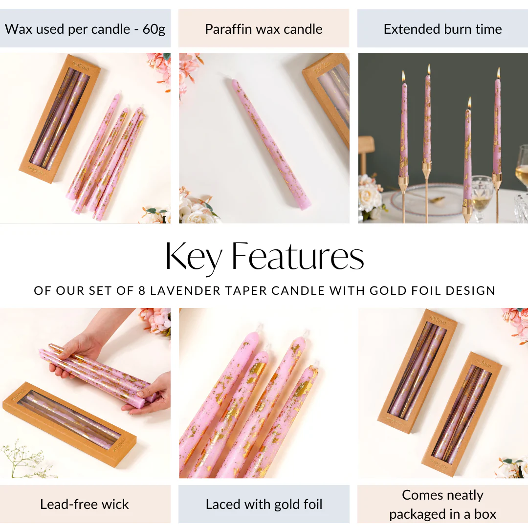 Set Of 8 Taper Candle With Gold Foil Design Lavender - Image 5