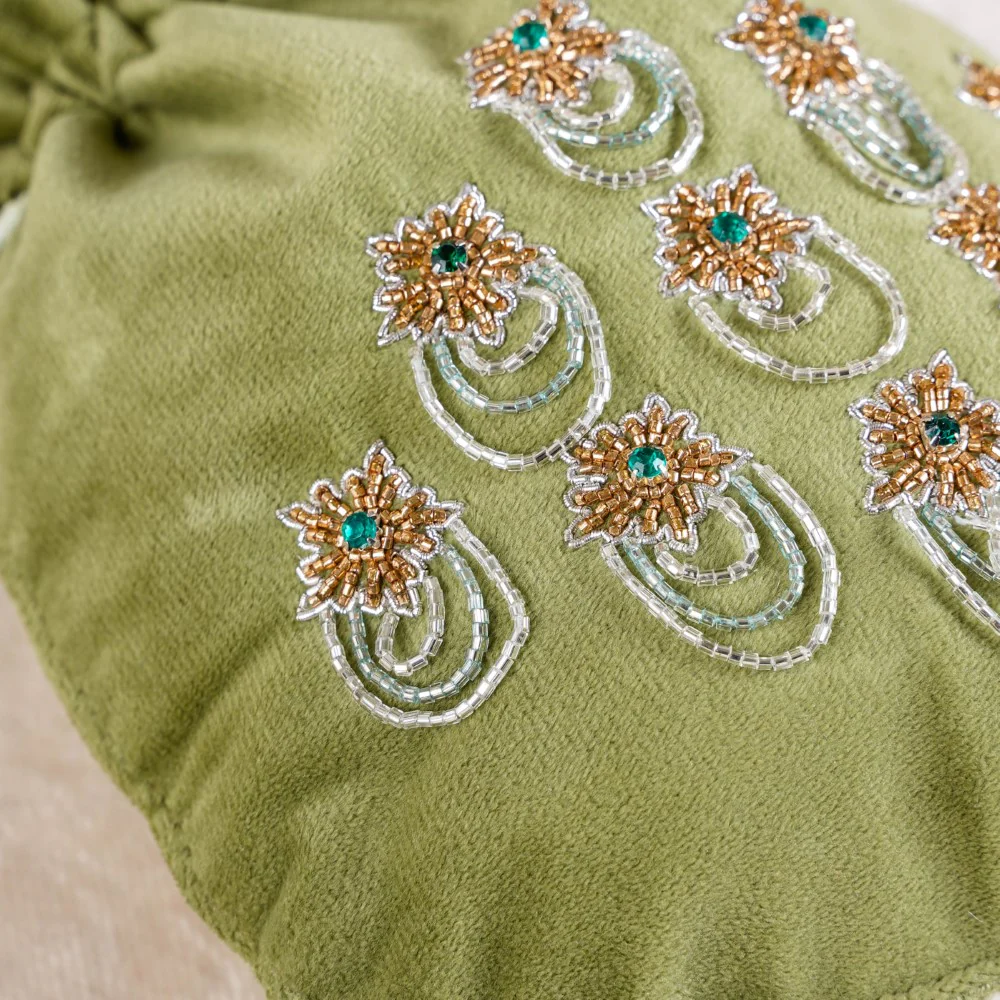 Shikara Orchids Velvet Potli Bag Smoky Green - Image 11