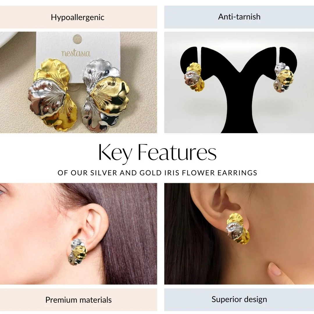 Silver And Gold Iris Flower Earrings - Image 4