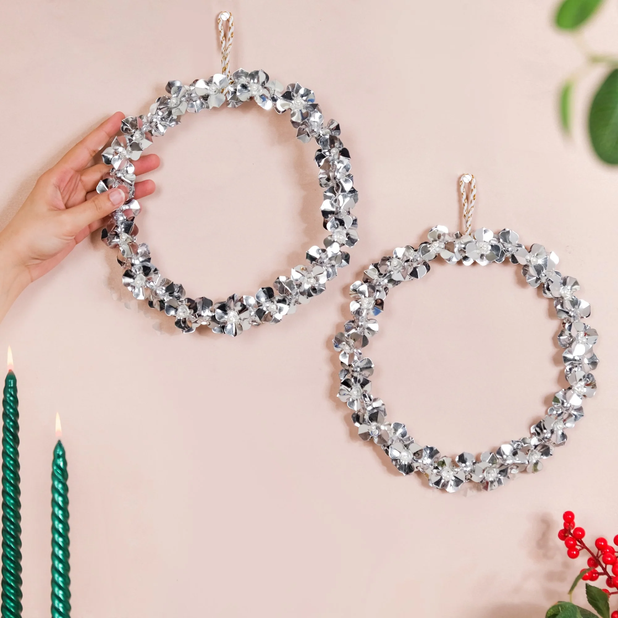 Silver Wreath Wall Decor With Pearls Set Of 2 8 Inch - Image 2