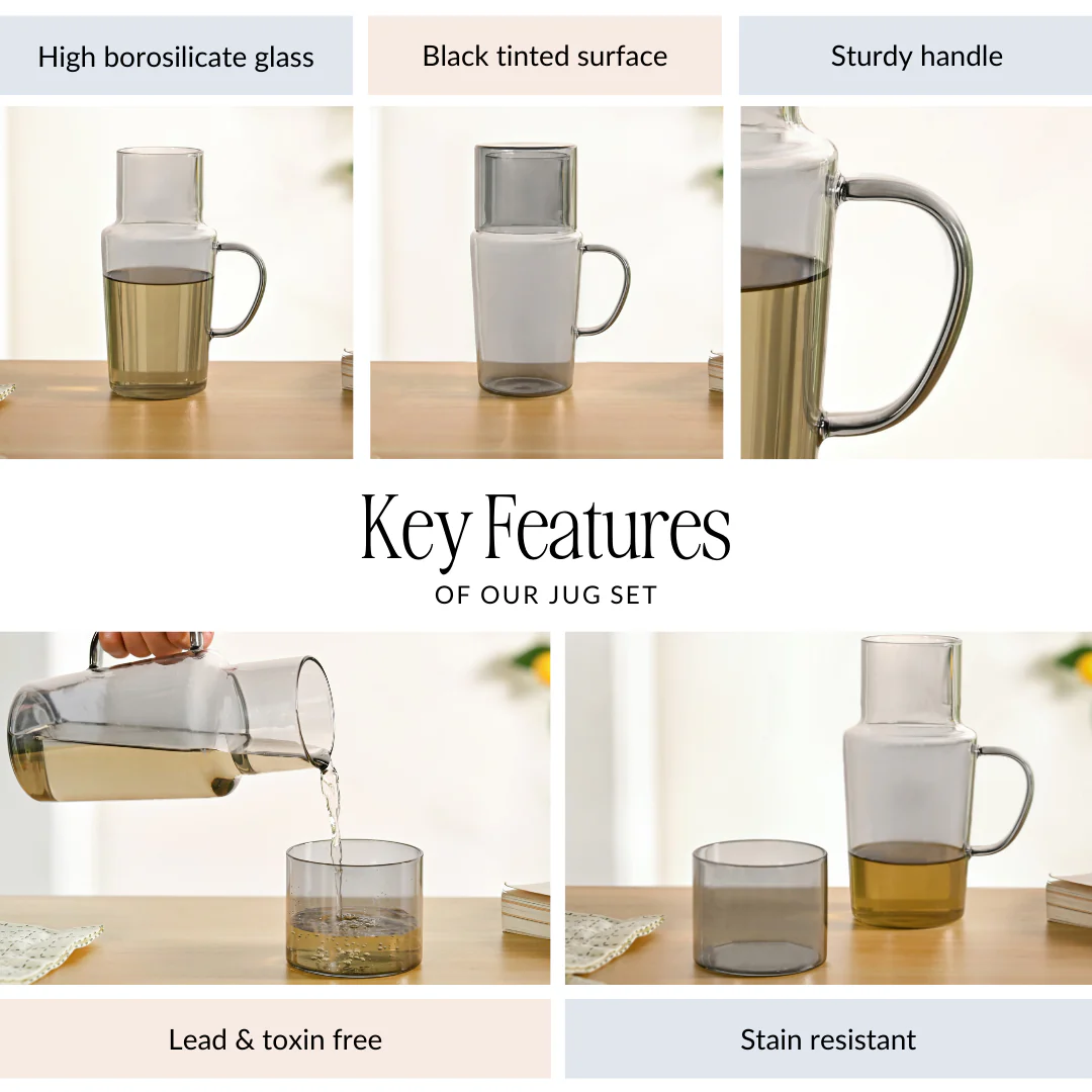 Sleek Black Tinted Bedside Carafe Set With Tumbler And Jug - Image 5