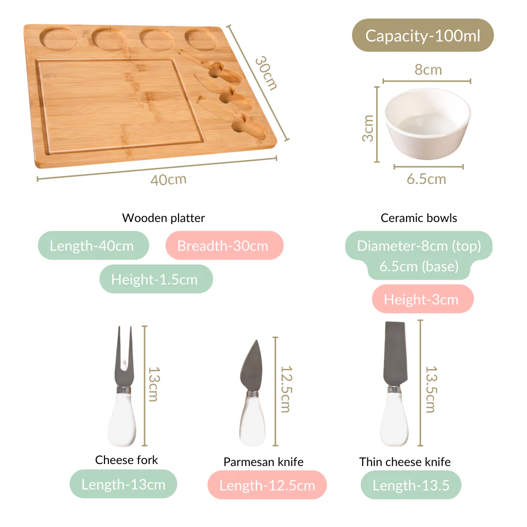 Sleek Wooden Snacks Platter Set With Dip Bowls And Cheese Knives - Image 4