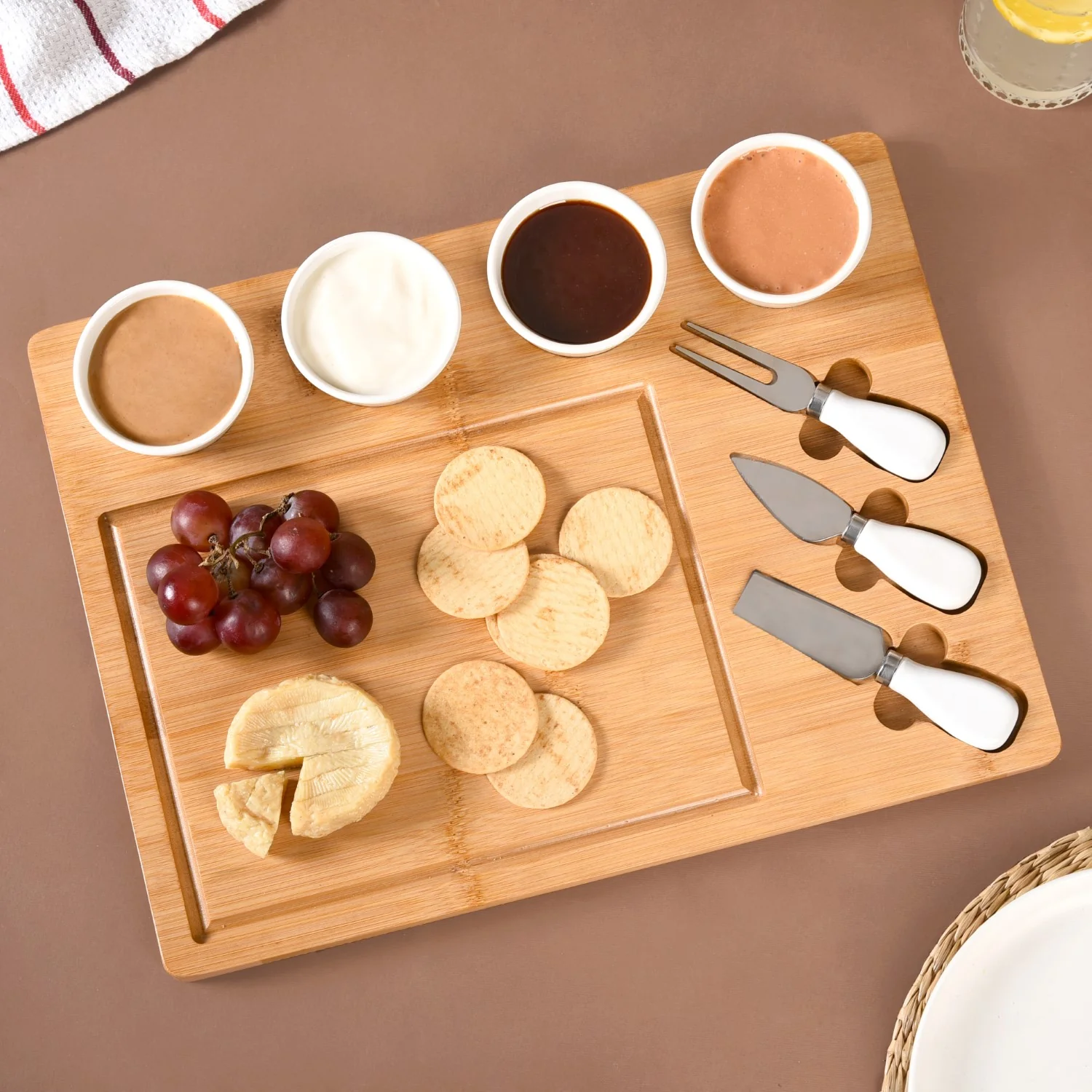 Sleek Wooden Snacks Platter Set With Dip Bowls And Cheese Knives - Image 6