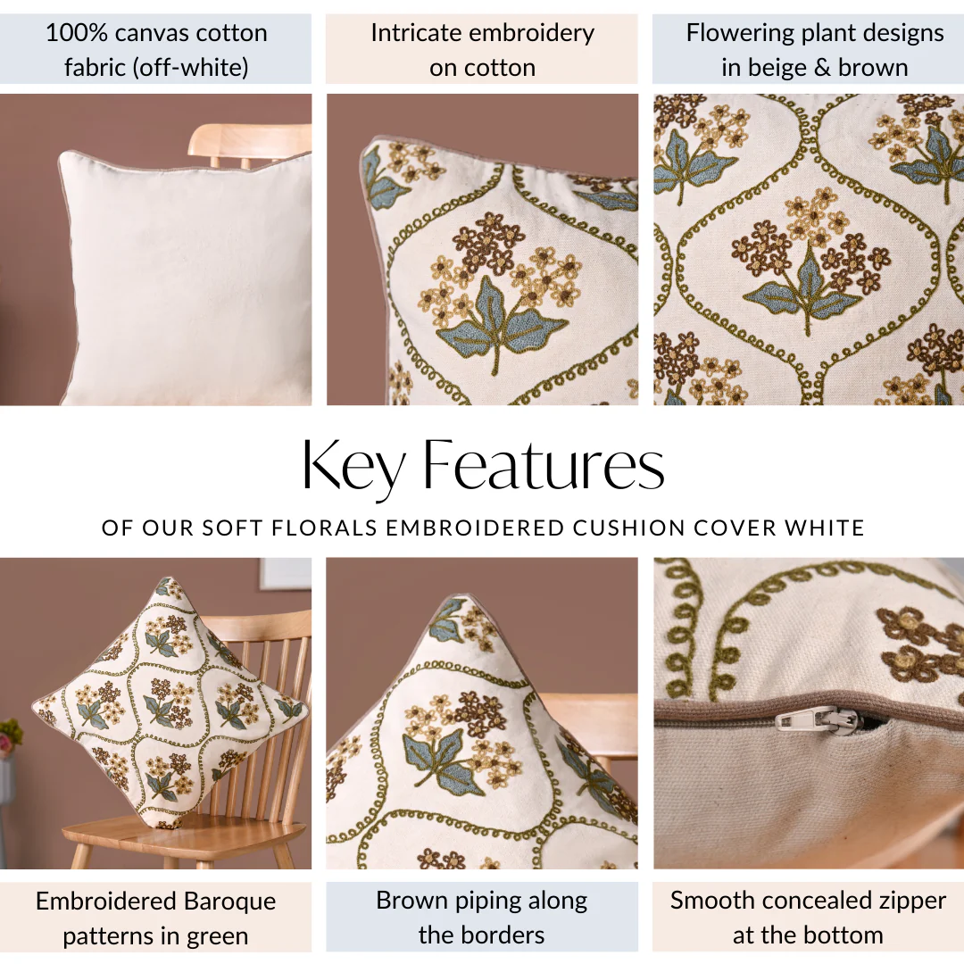Soft Florals Embroidered Cushion Cover White 40x40cm - Image 5