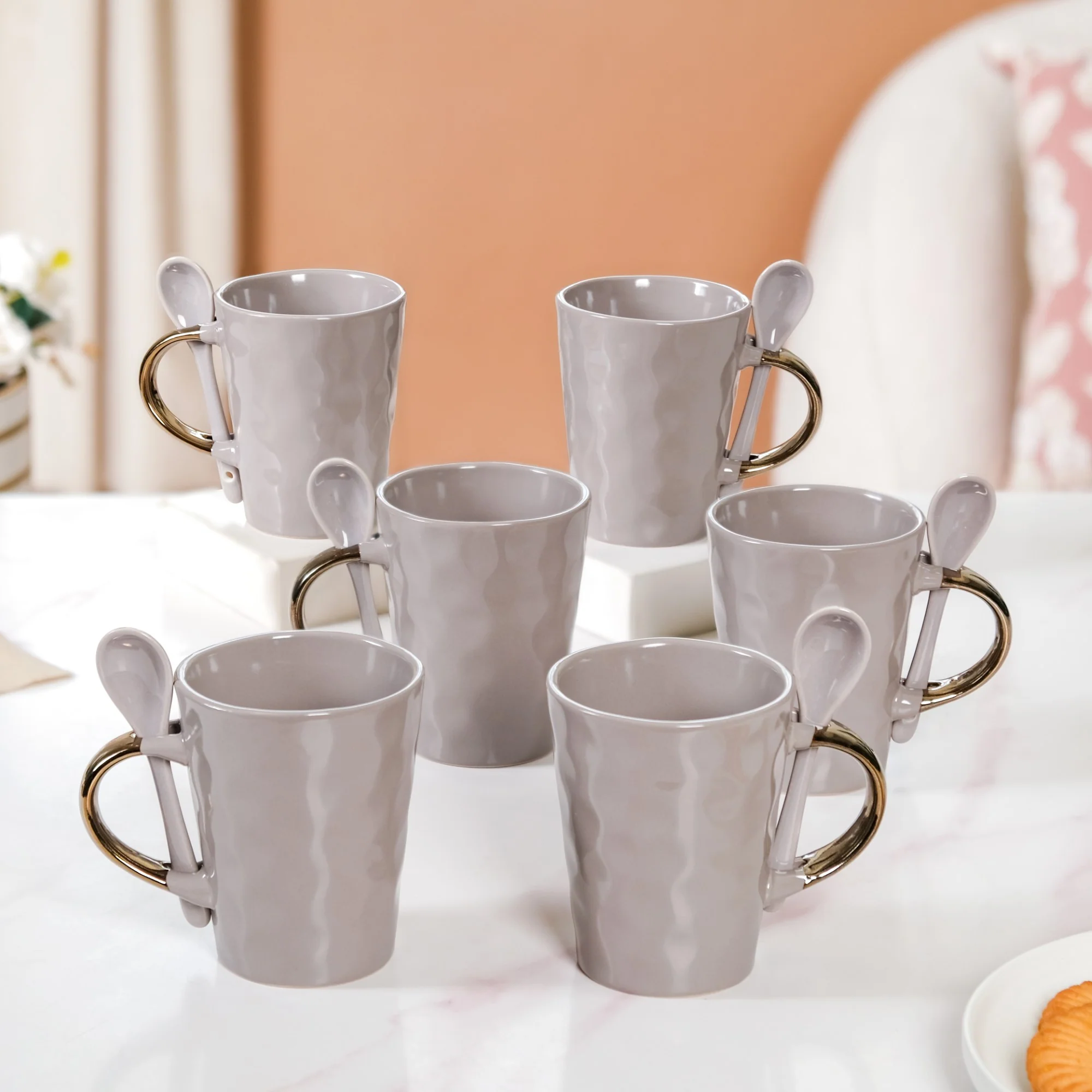 Spoon Holder Coffee Mug Set Of 6 With Spoons Grey 350ml
