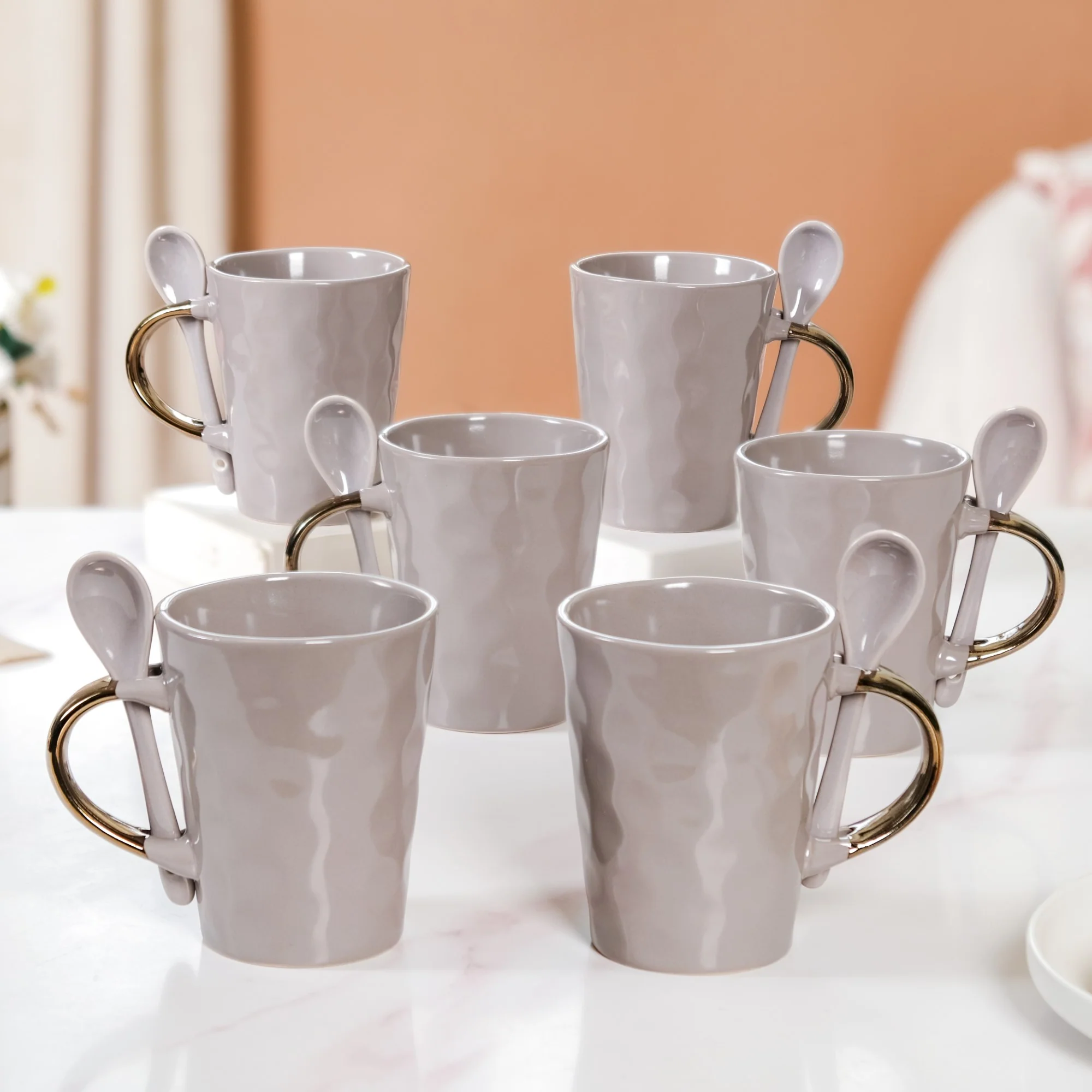 Spoon Holder Coffee Mug Set Of 6 With Spoons Grey 350ml - Image 8