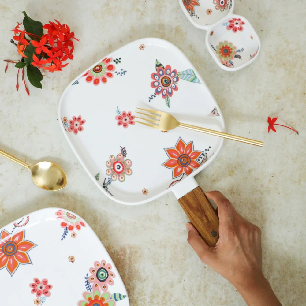 Square Floral Plate with Handle - Image 2