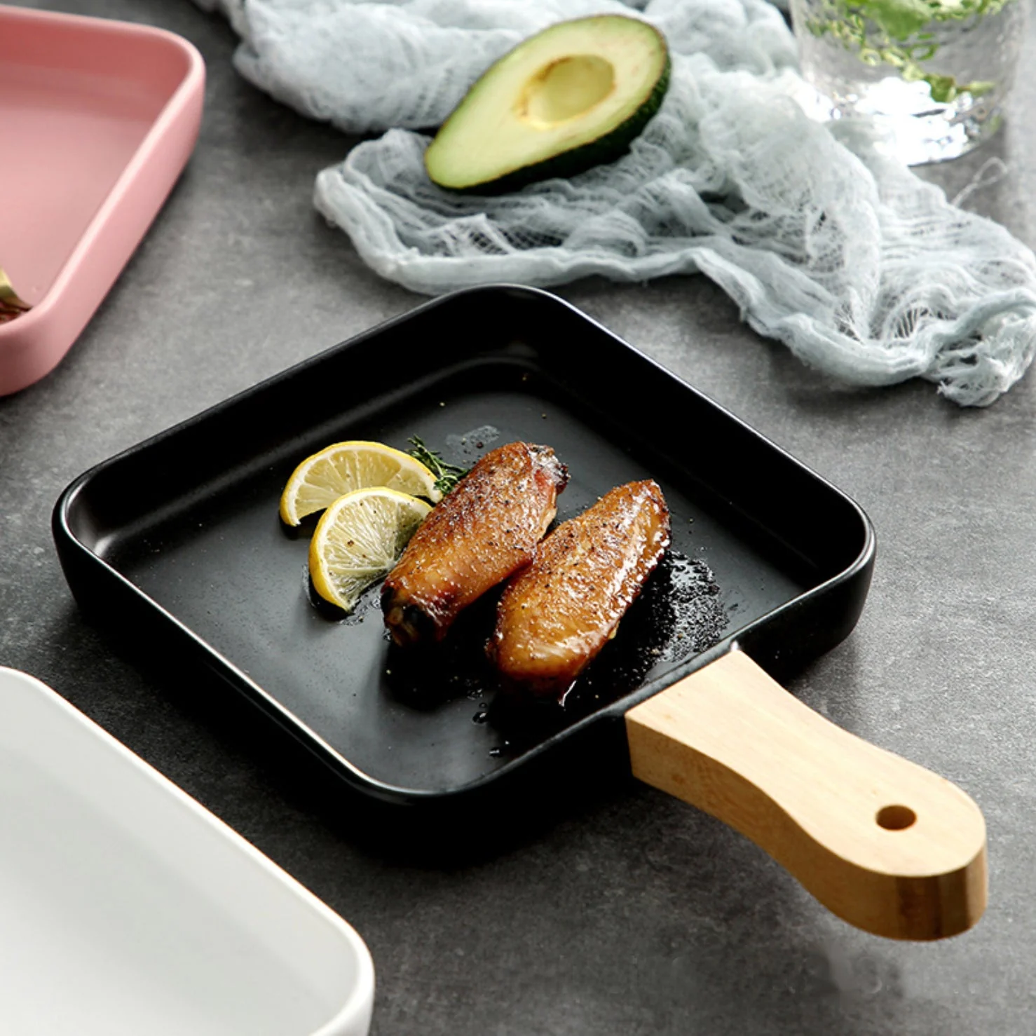 Square Plate With Wooden Handle Black - Image 3