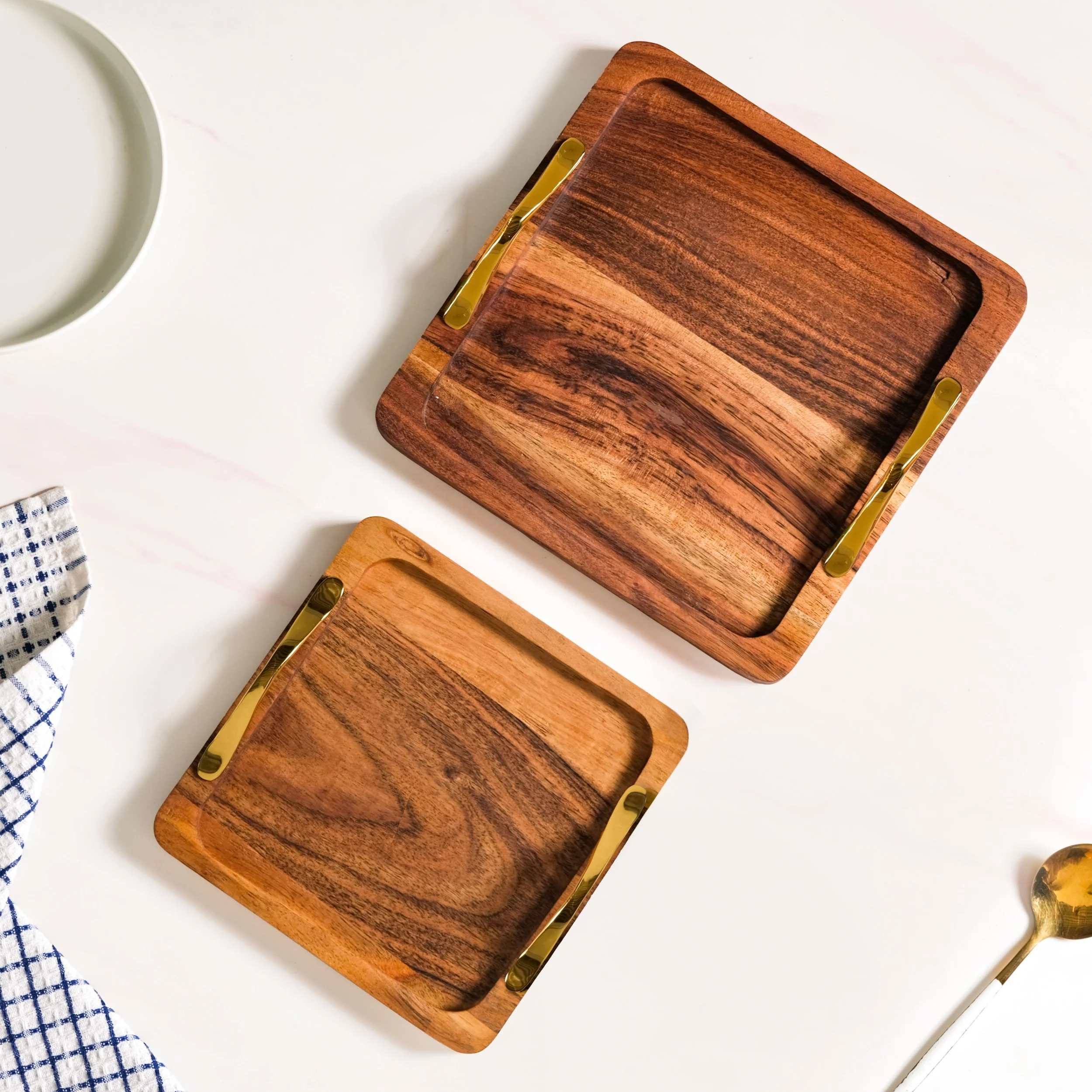 Square Wood Serving Tray With Gold Handles Set Of 2 - Image 9