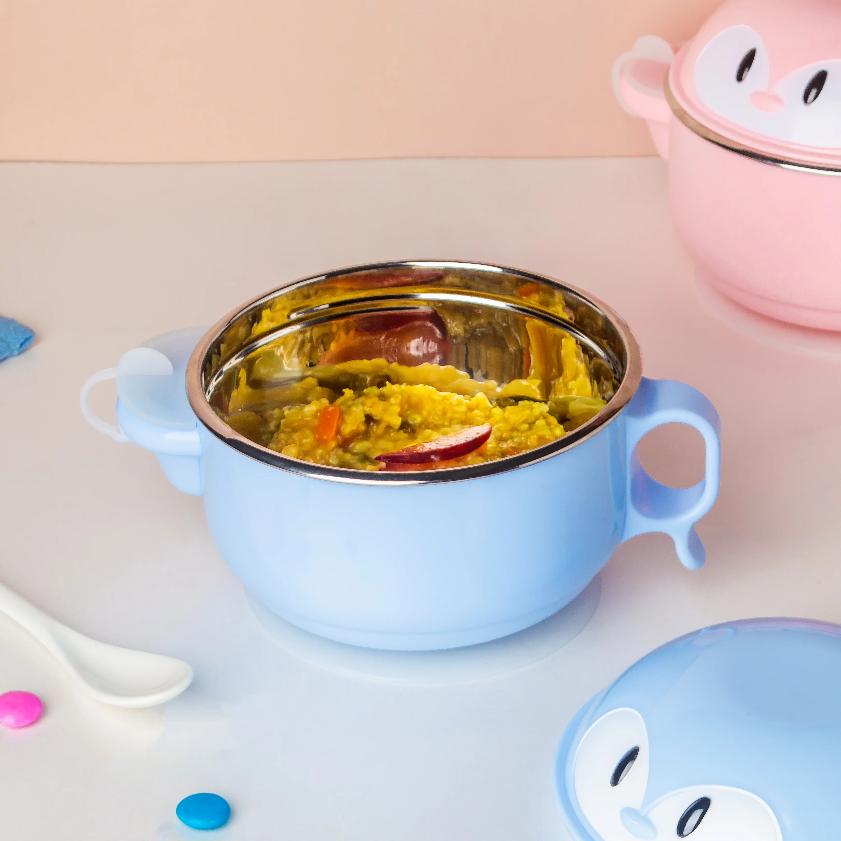 Steel Food Bowl With Heating Water Chamber Blue 400 ml - Image 3