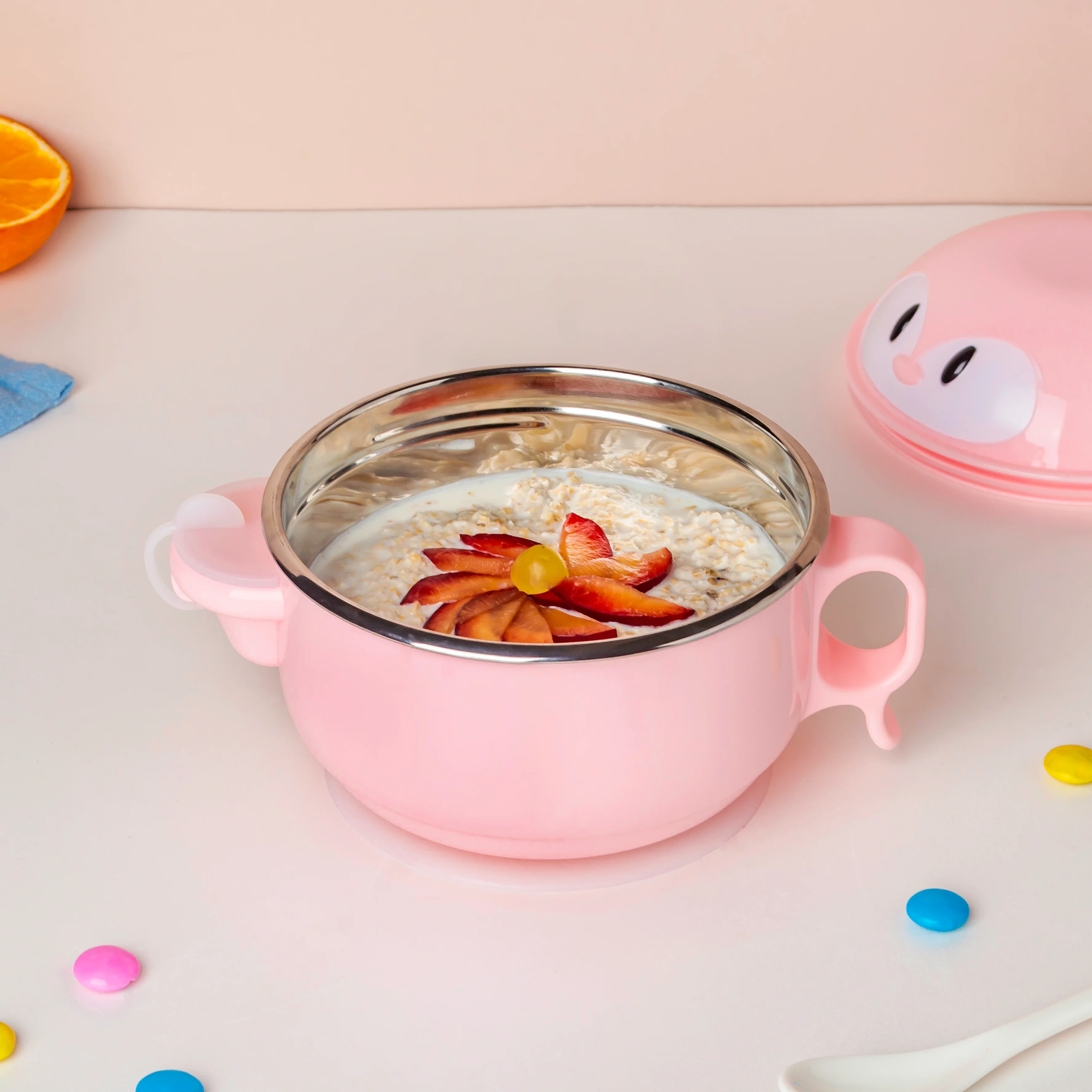 Steel Food Bowl With Heating Water Chamber Pink 400 ml - Image 10
