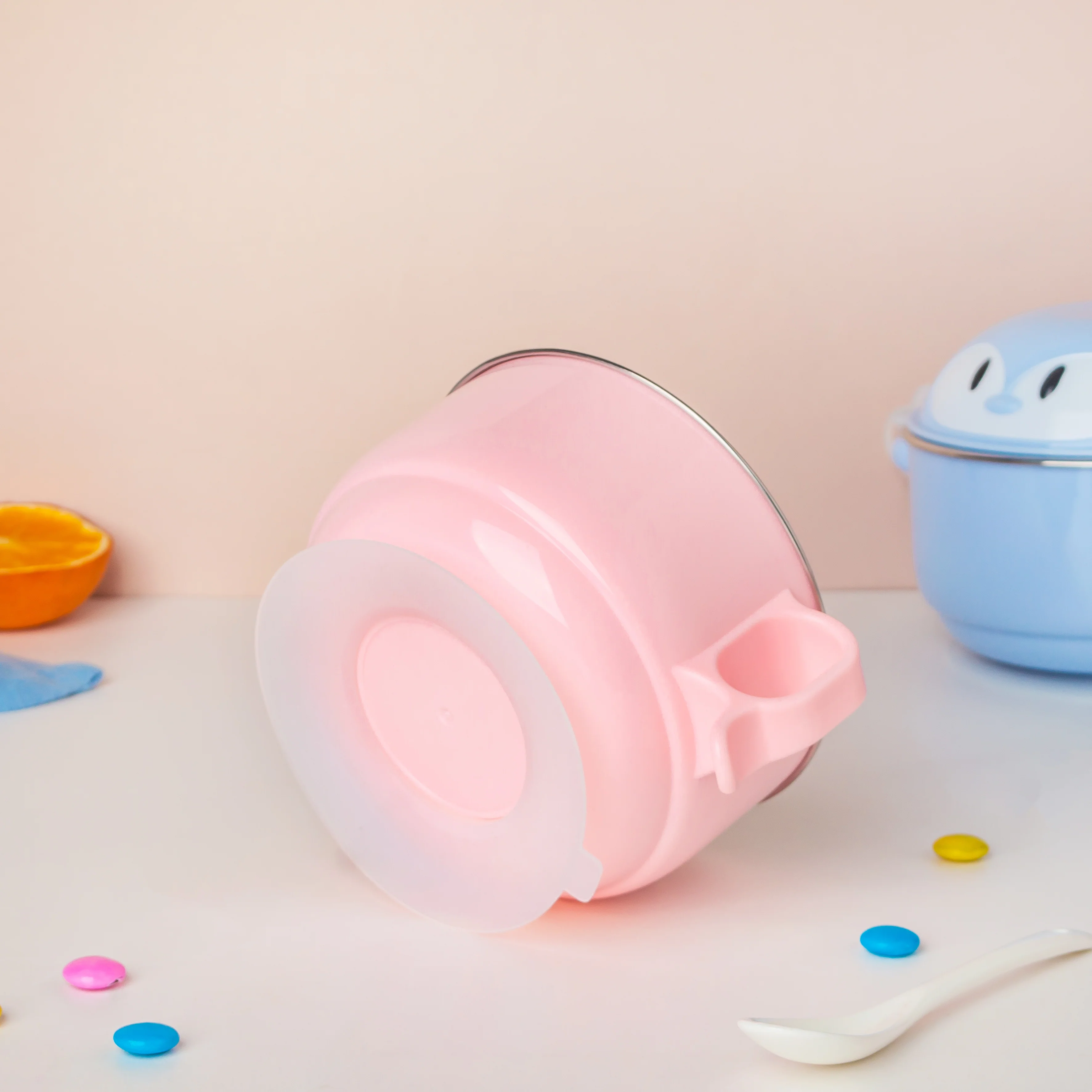 Steel Food Bowl With Heating Water Chamber Pink 400 ml - Image 11