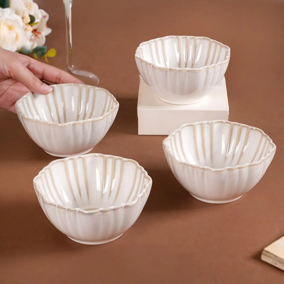 Stoneware Ivory Scallop Rimmed Soup Bowl Set Of 4 350ml - Image 2