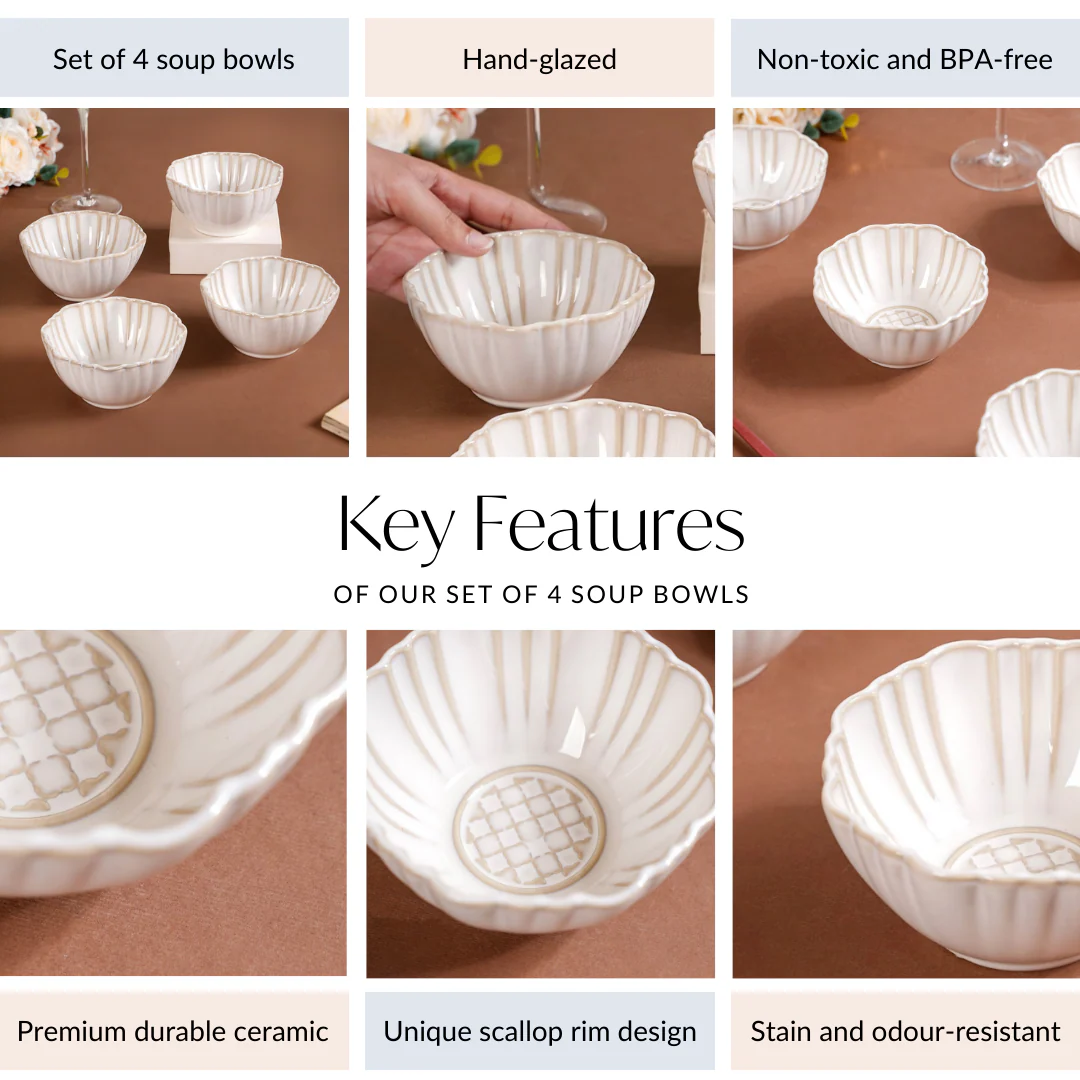 Stoneware Ivory Scallop Rimmed Soup Bowl Set Of 4 350ml - Image 4