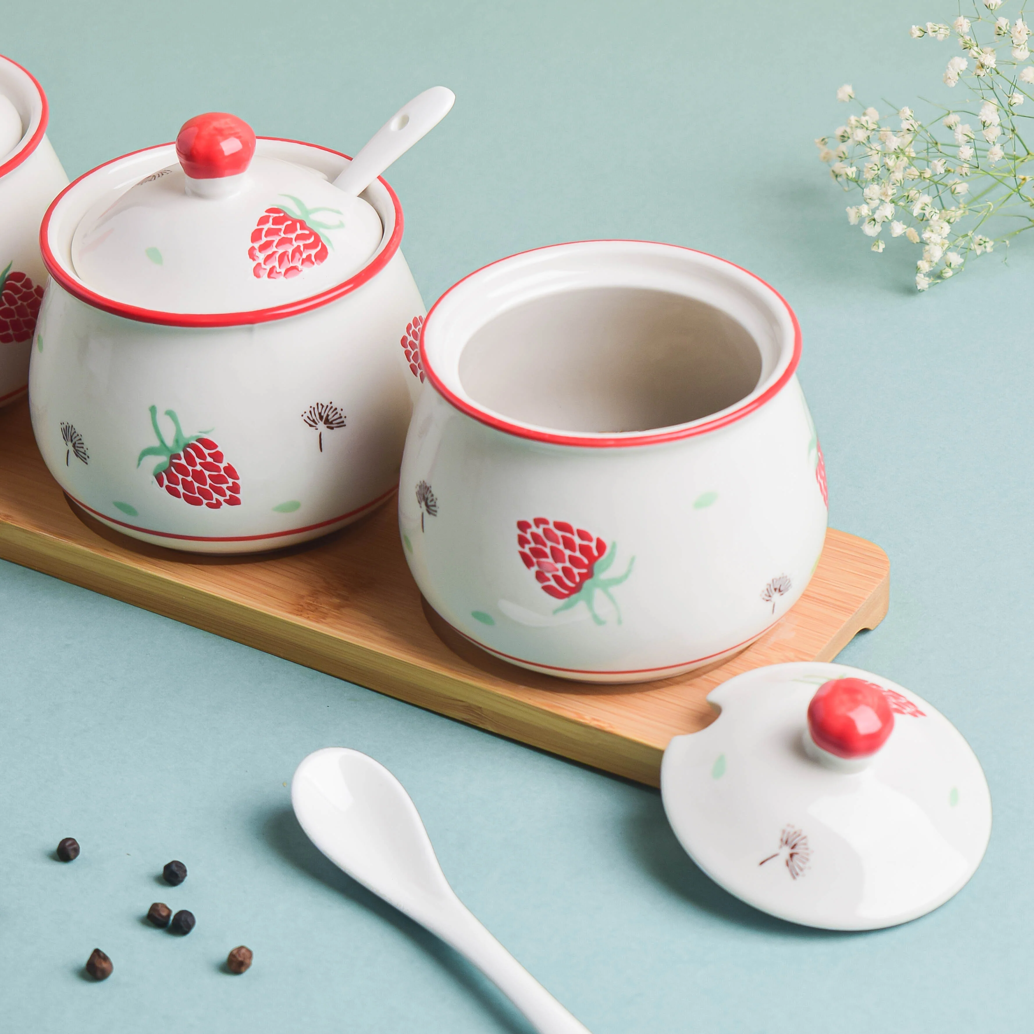 Strawberry Print Spice Jar Set with Tray - Image 11