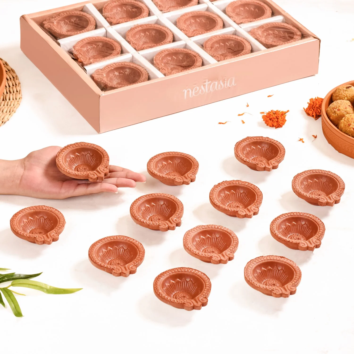 Sunflower Motif Pure Terracotta Clay Diyas Set Of 48 - Image 3