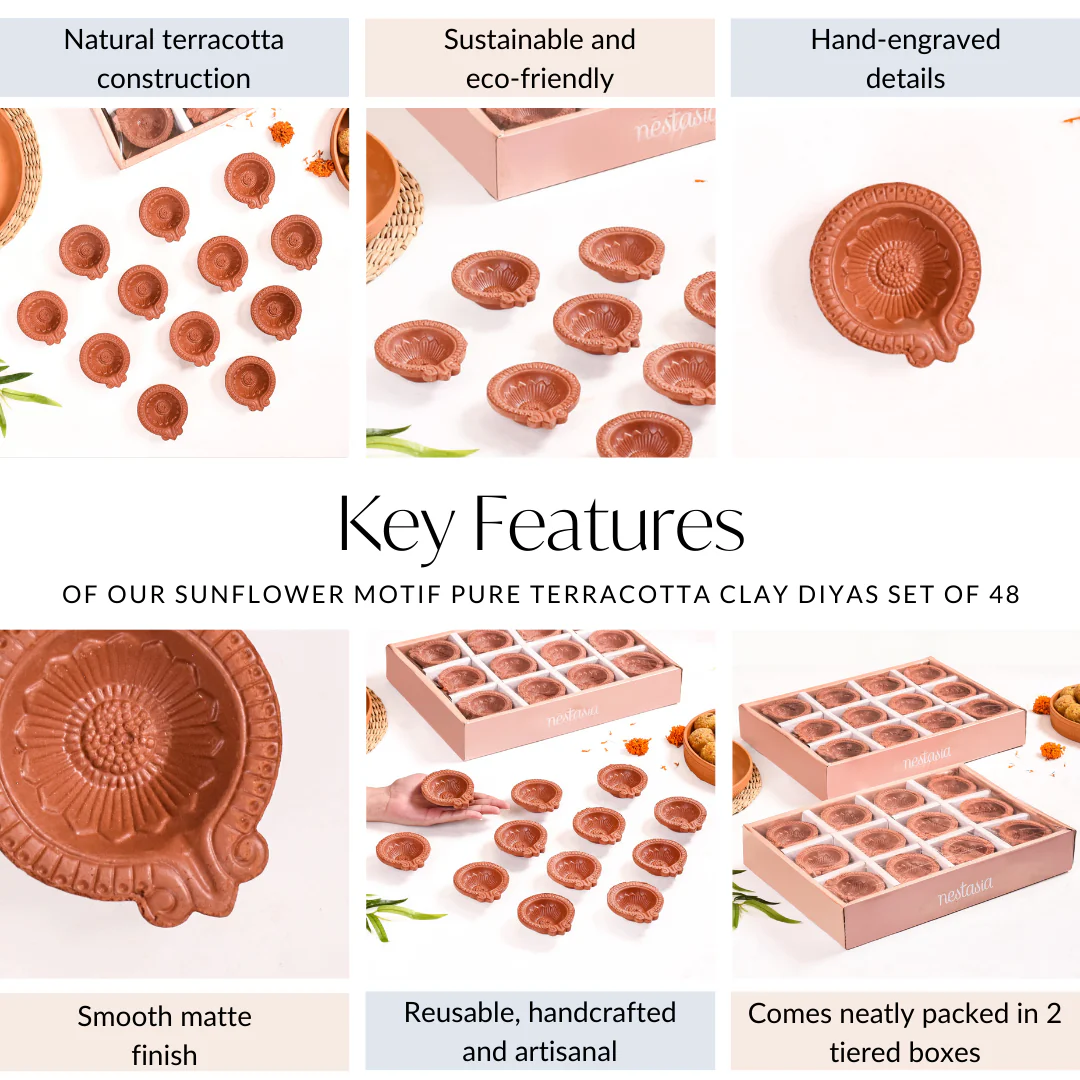 Sunflower Motif Pure Terracotta Clay Diyas Set Of 48 - Image 5
