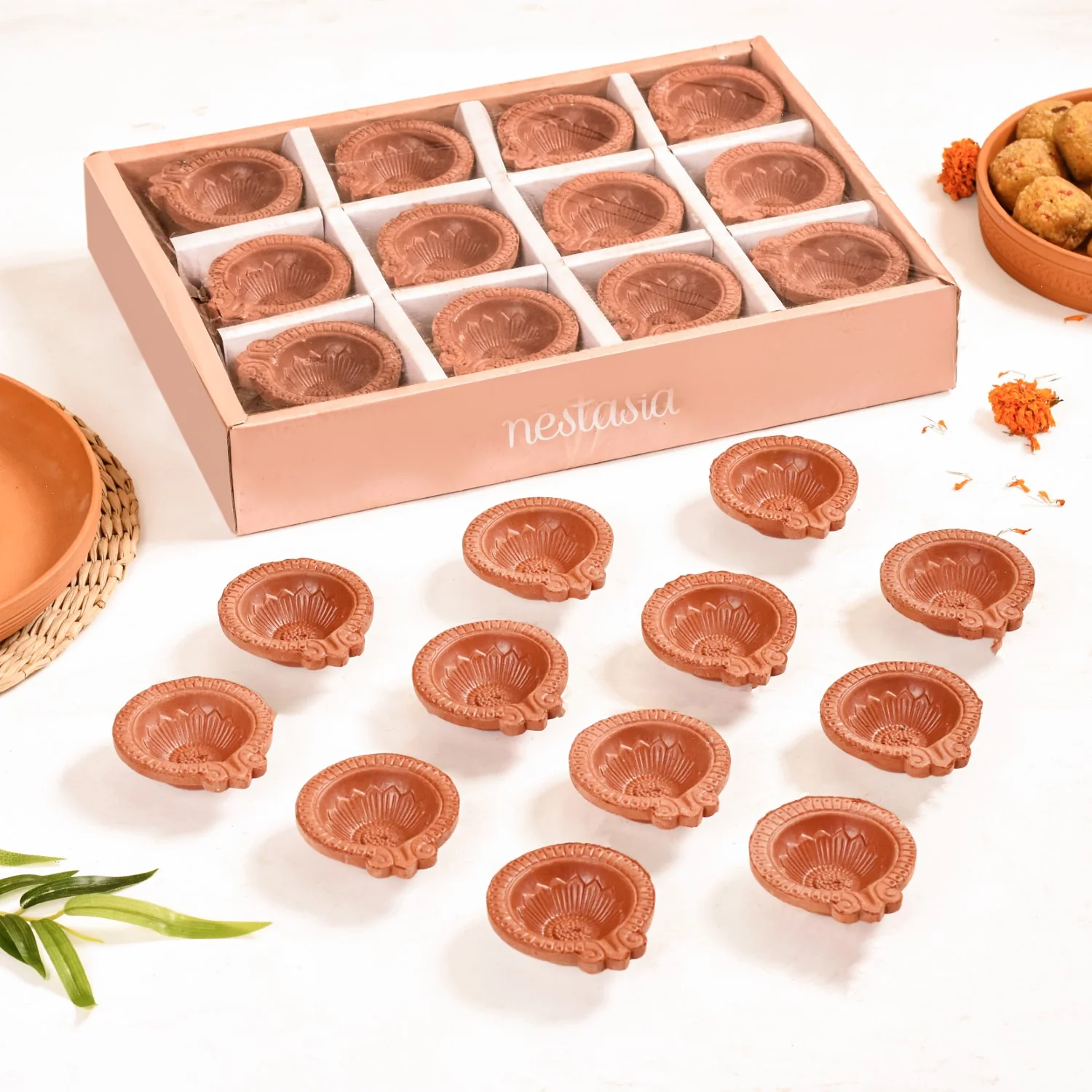 Sunflower Motif Pure Terracotta Clay Diyas Set Of 48 - Image 8