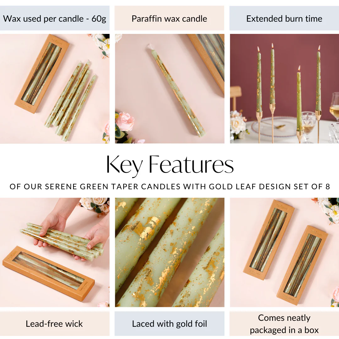 Taper Candles Sage Green With Gold Leaf Design Set Of 8 - Image 5