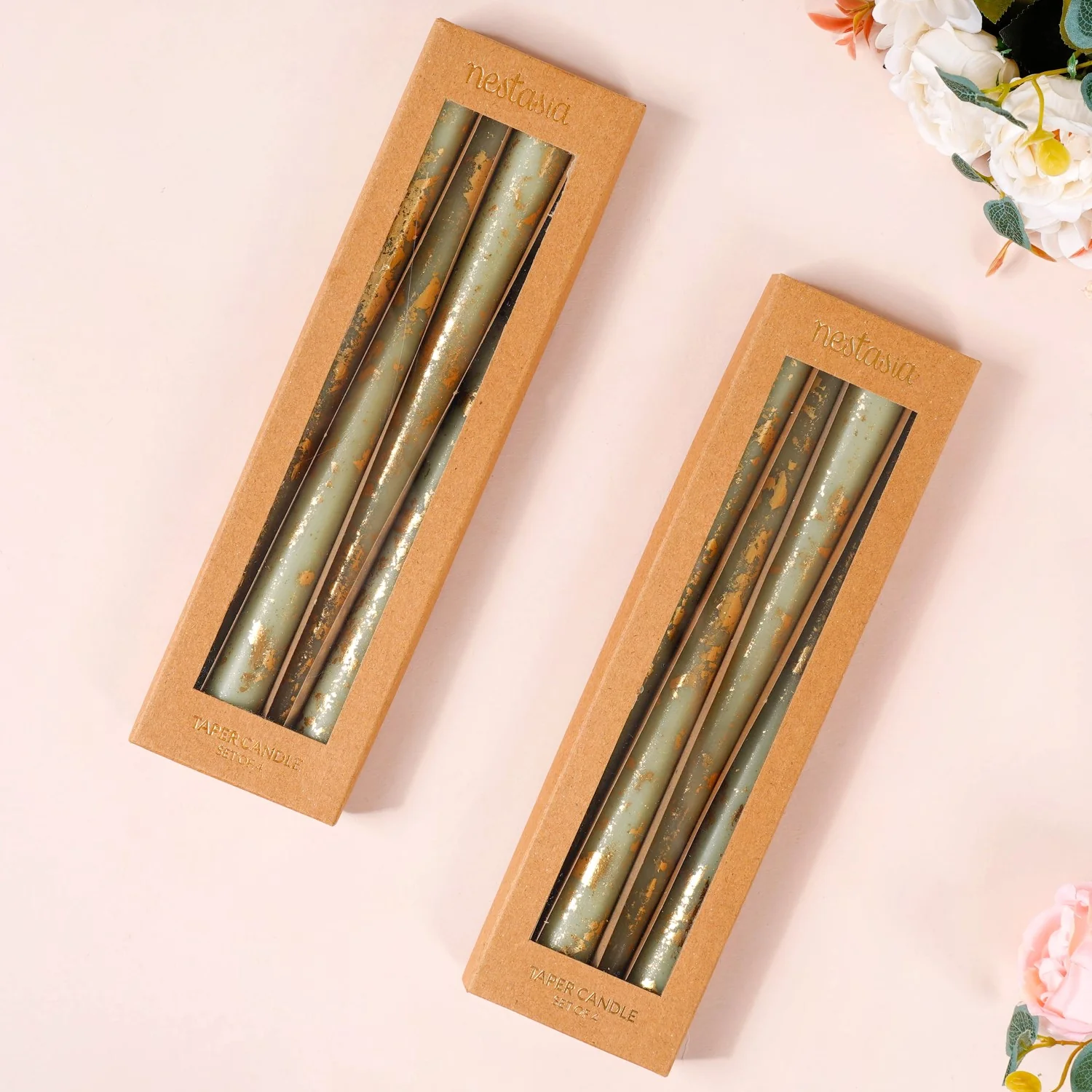 Taper Candles Sage Green With Gold Leaf Design Set Of 8 - Image 6